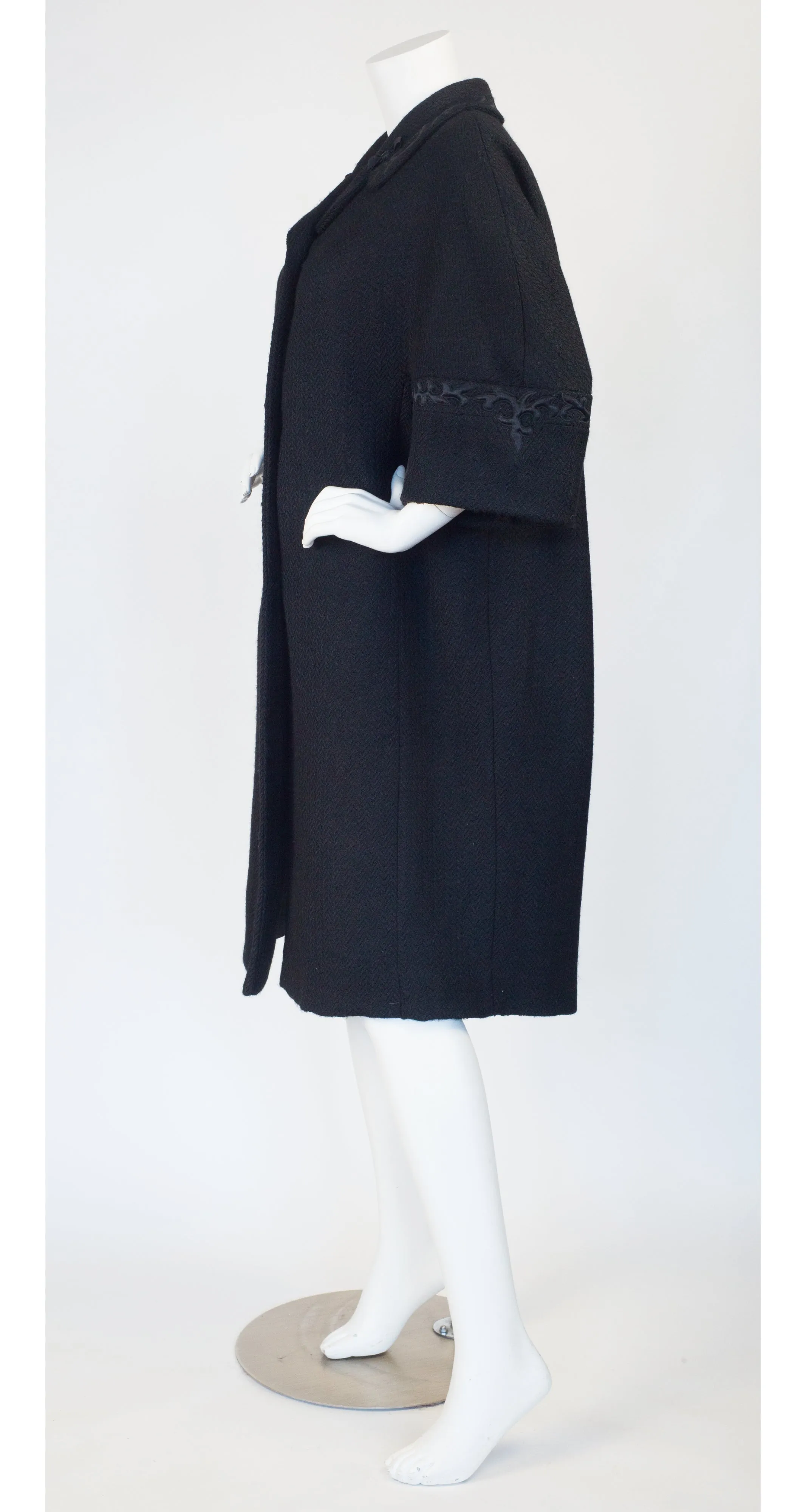 1950s Satin Trim Black Wool Coat