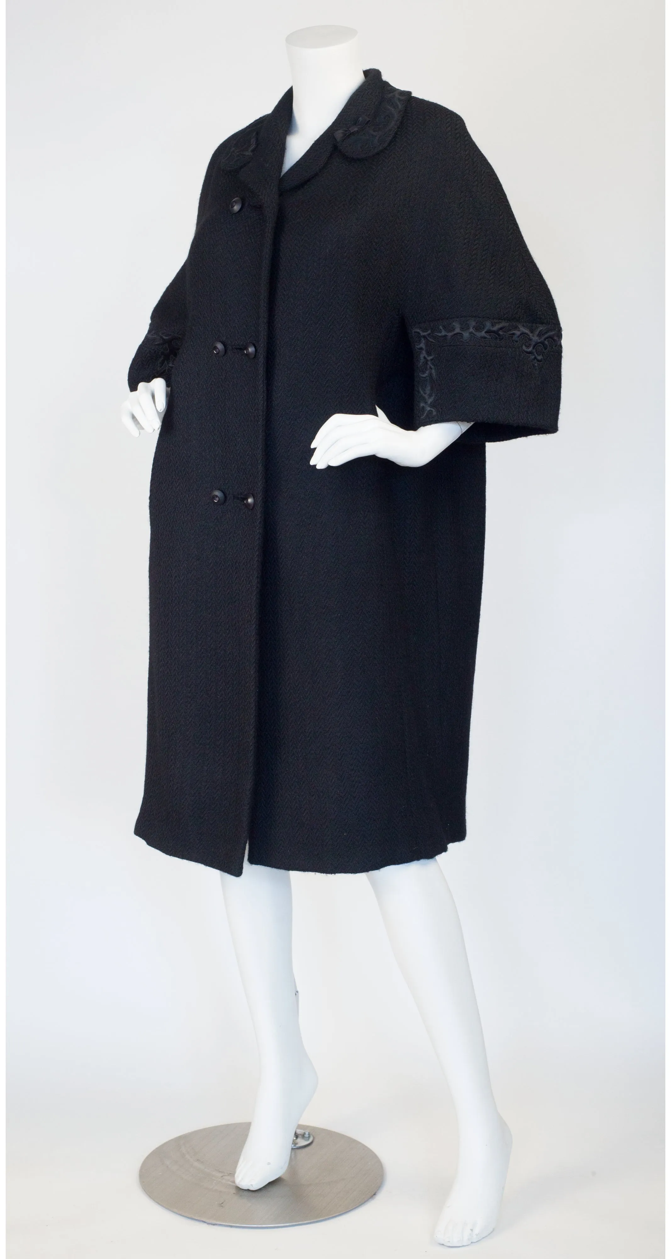 1950s Satin Trim Black Wool Coat