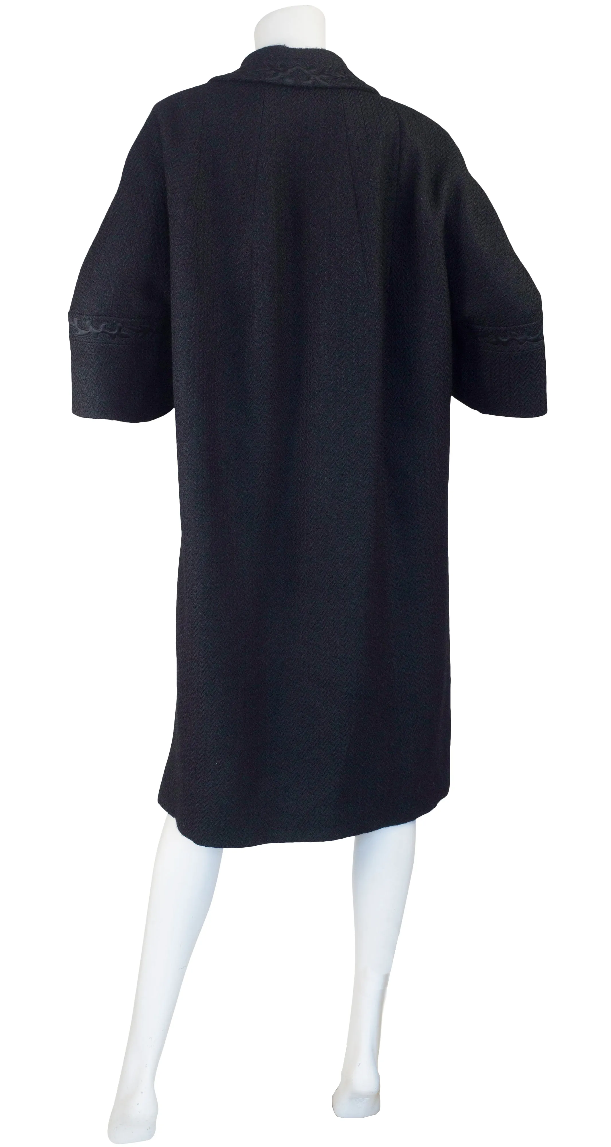 1950s Satin Trim Black Wool Coat