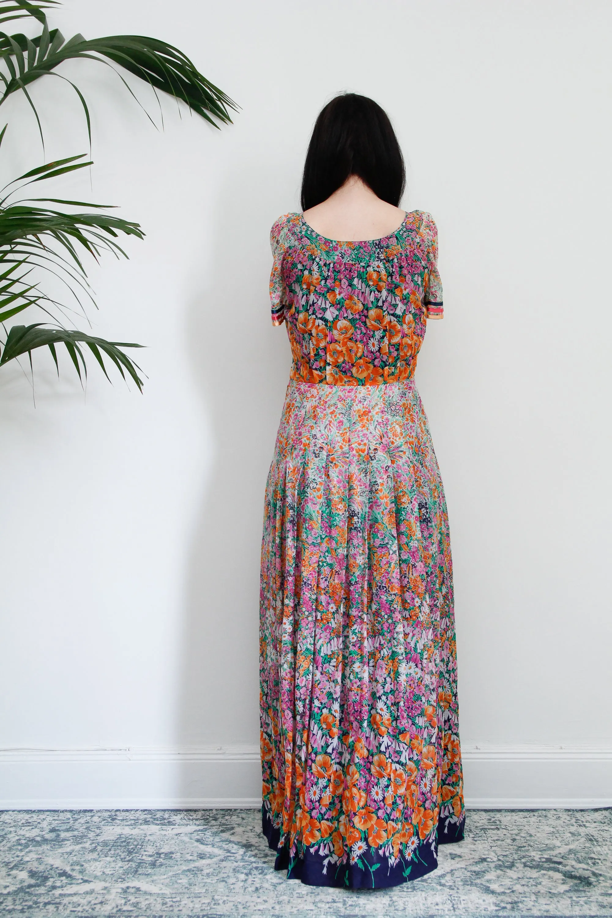 1970's Cotton Flared Cape Sleeve Floral Maxi Dress