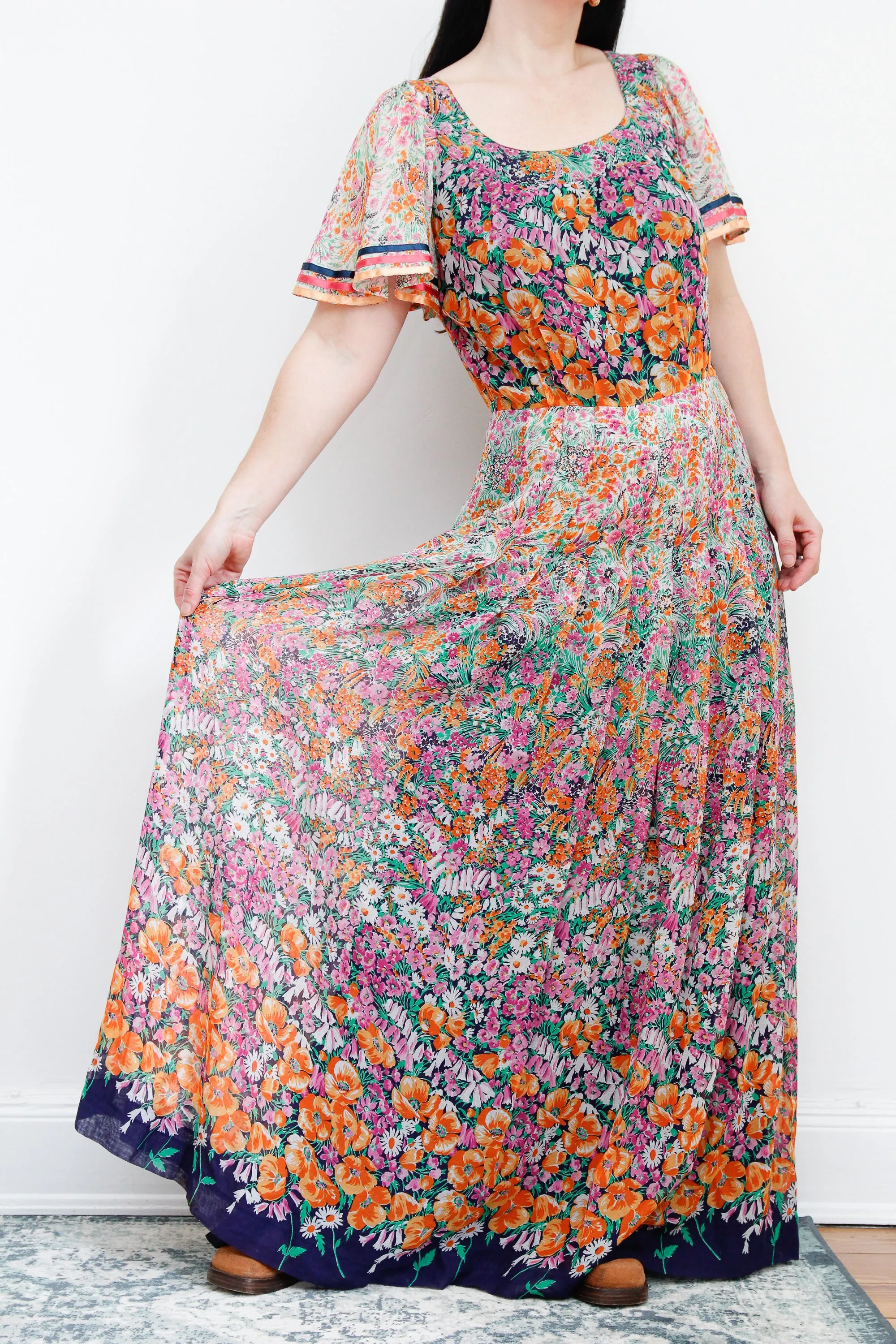 1970's Cotton Flared Cape Sleeve Floral Maxi Dress