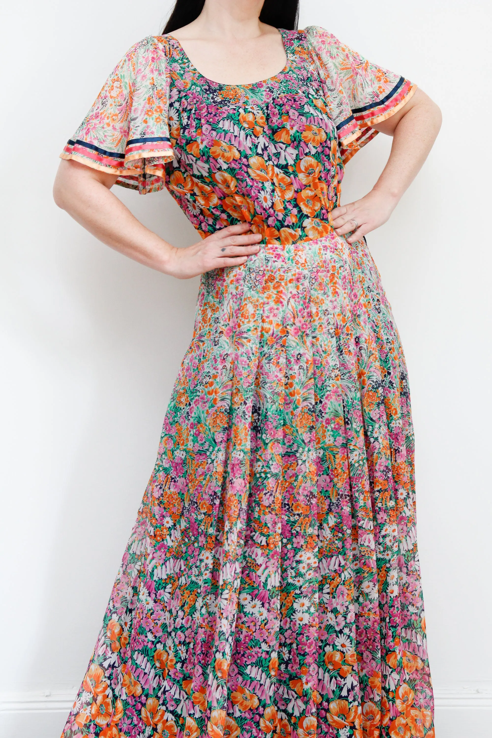 1970's Cotton Flared Cape Sleeve Floral Maxi Dress