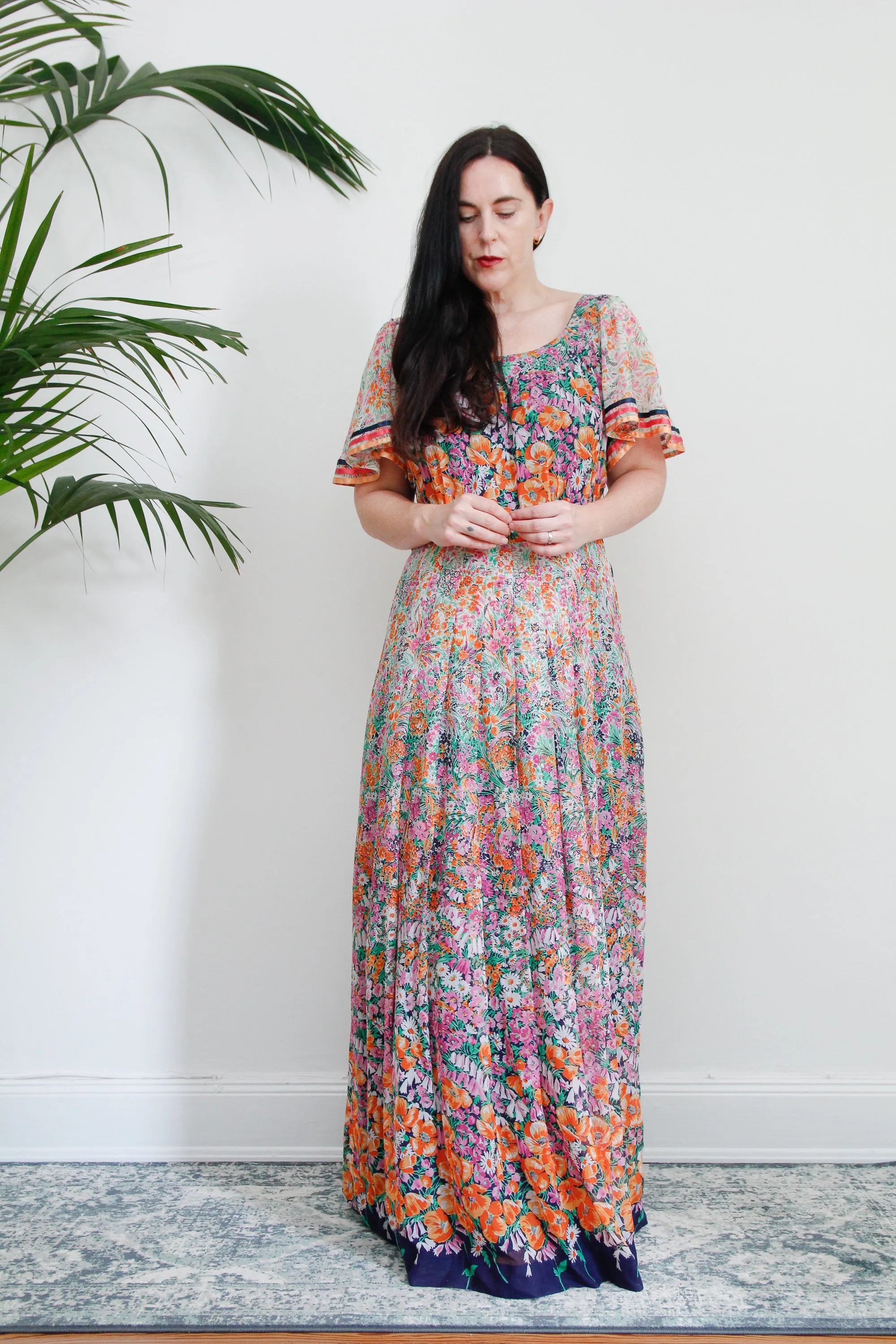 1970's Cotton Flared Cape Sleeve Floral Maxi Dress