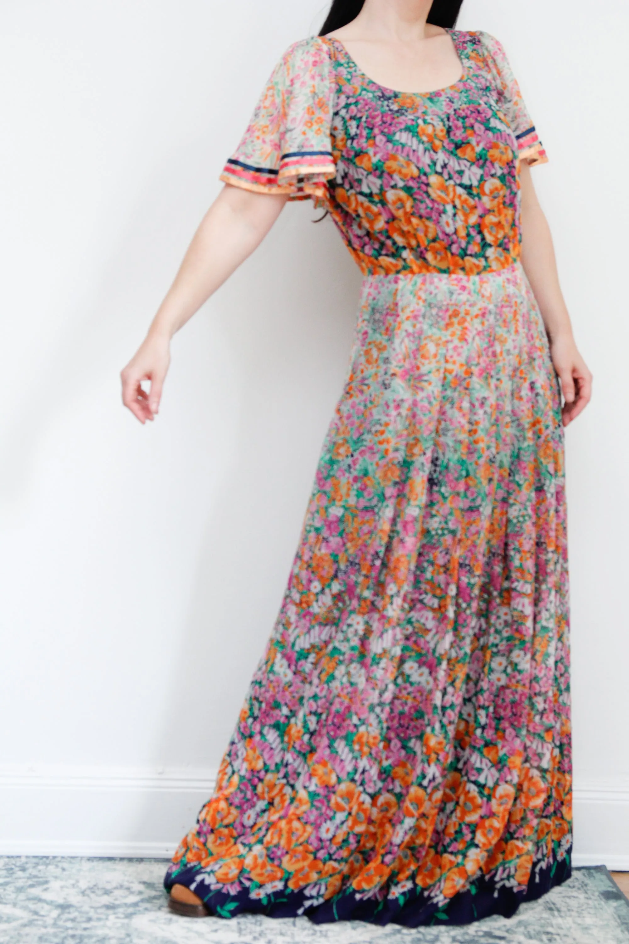1970's Cotton Flared Cape Sleeve Floral Maxi Dress