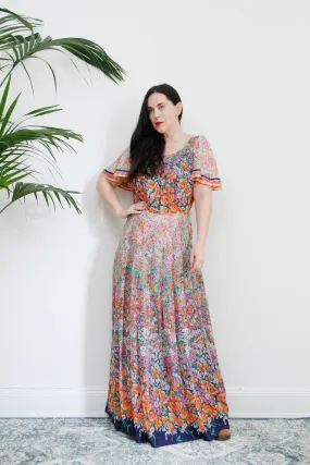 1970's Cotton Flared Cape Sleeve Floral Maxi Dress