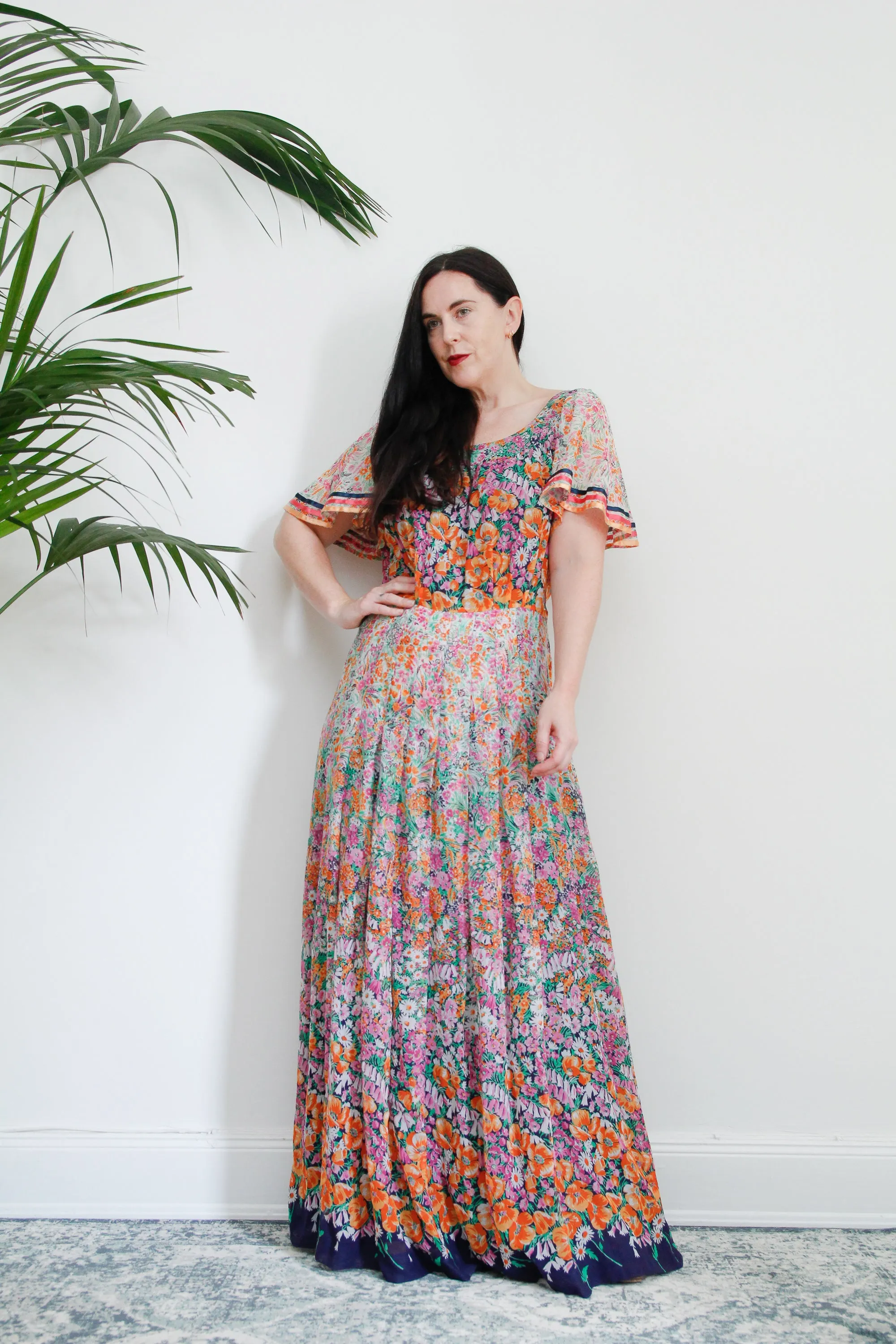 1970's Cotton Flared Cape Sleeve Floral Maxi Dress