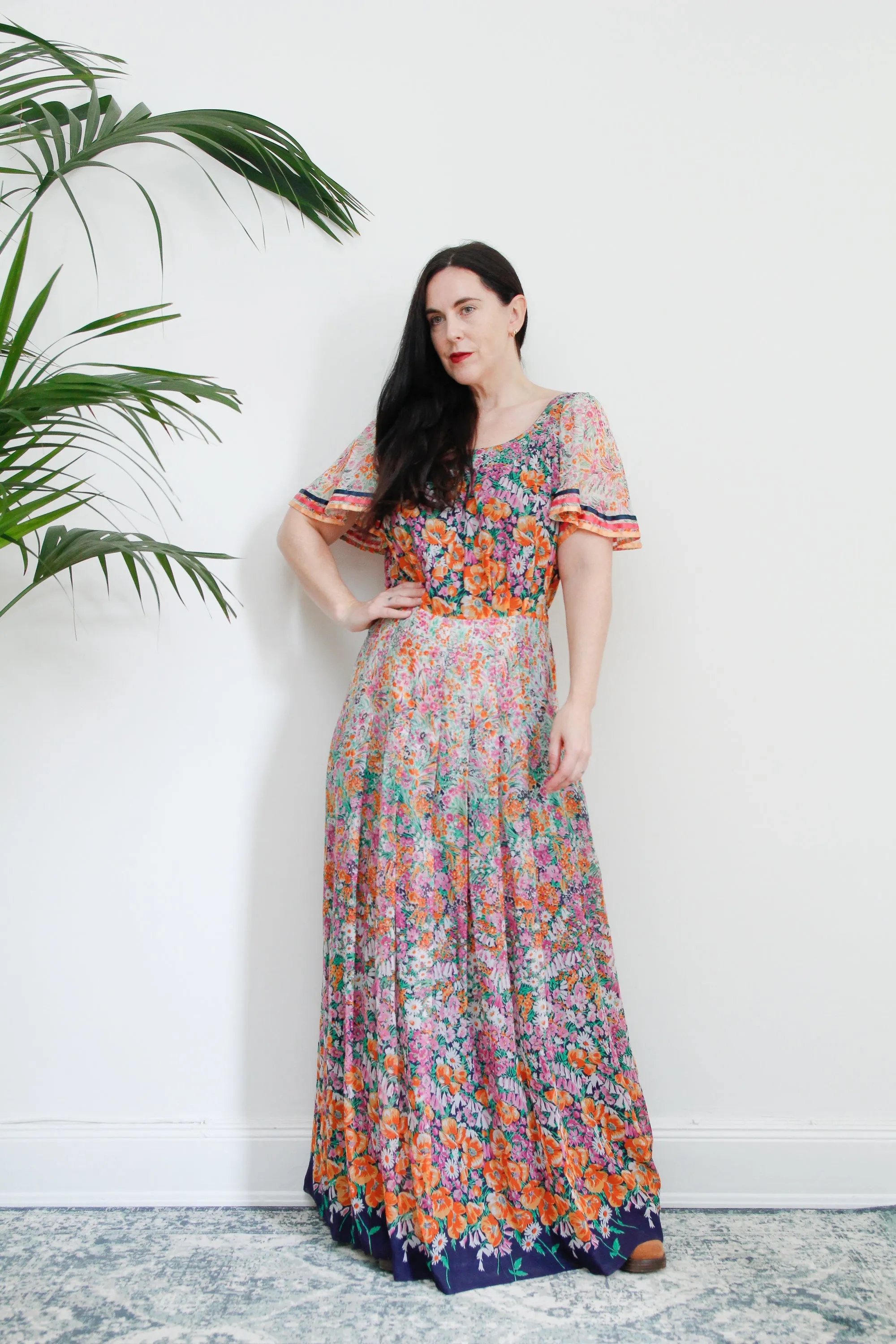 1970's Cotton Flared Cape Sleeve Floral Maxi Dress