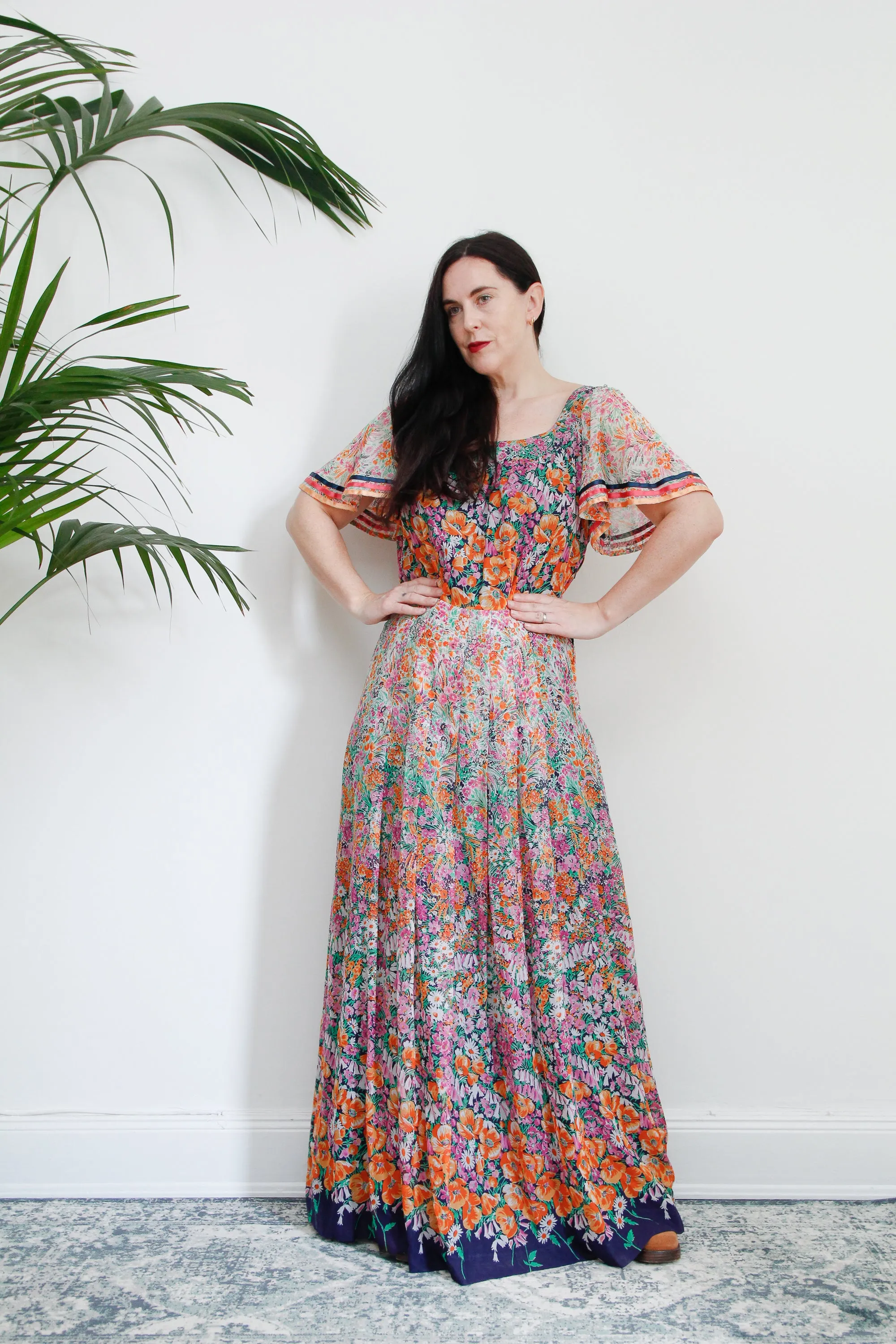 1970's Cotton Flared Cape Sleeve Floral Maxi Dress