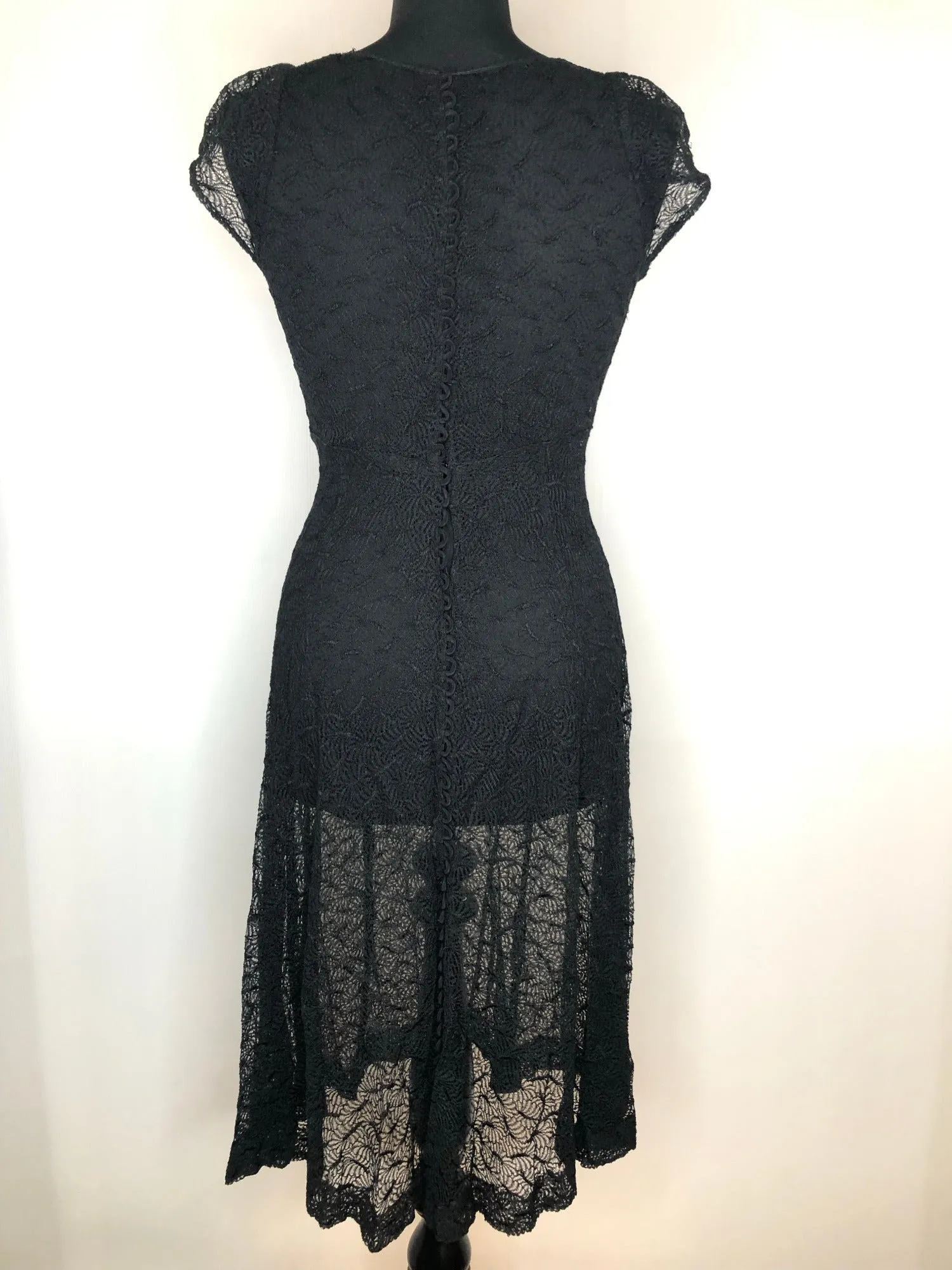 1970s Lace V-Neck Dress in Black - Size UK 8