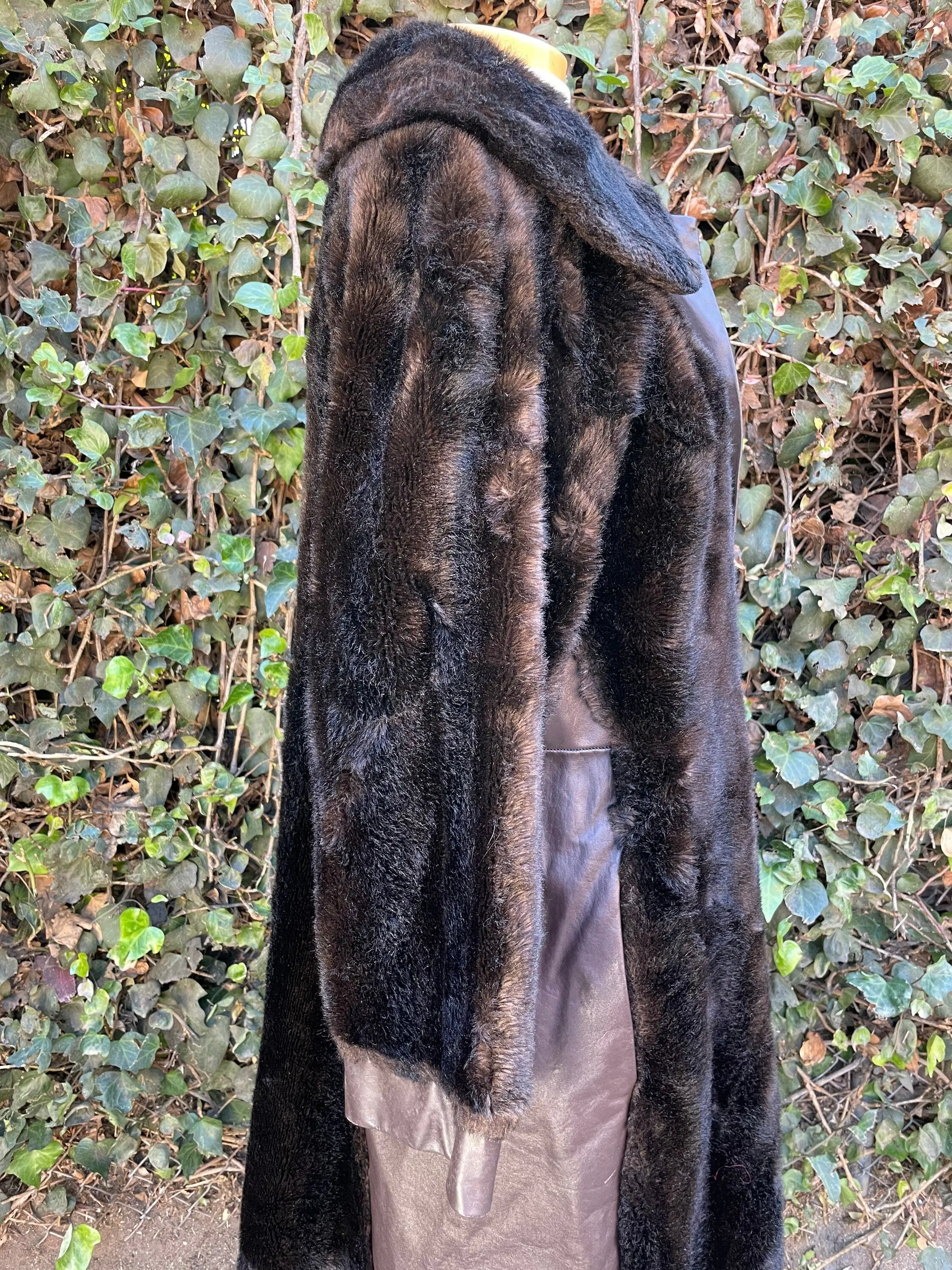 1970’s Vintage Faux Bear Fur & Genuine Leather Long Trench Coat Made in UK