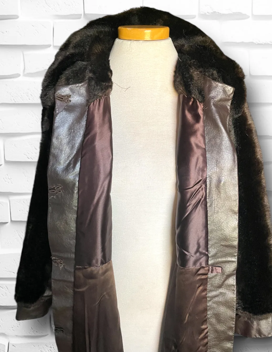 1970’s Vintage Faux Bear Fur & Genuine Leather Long Trench Coat Made in UK