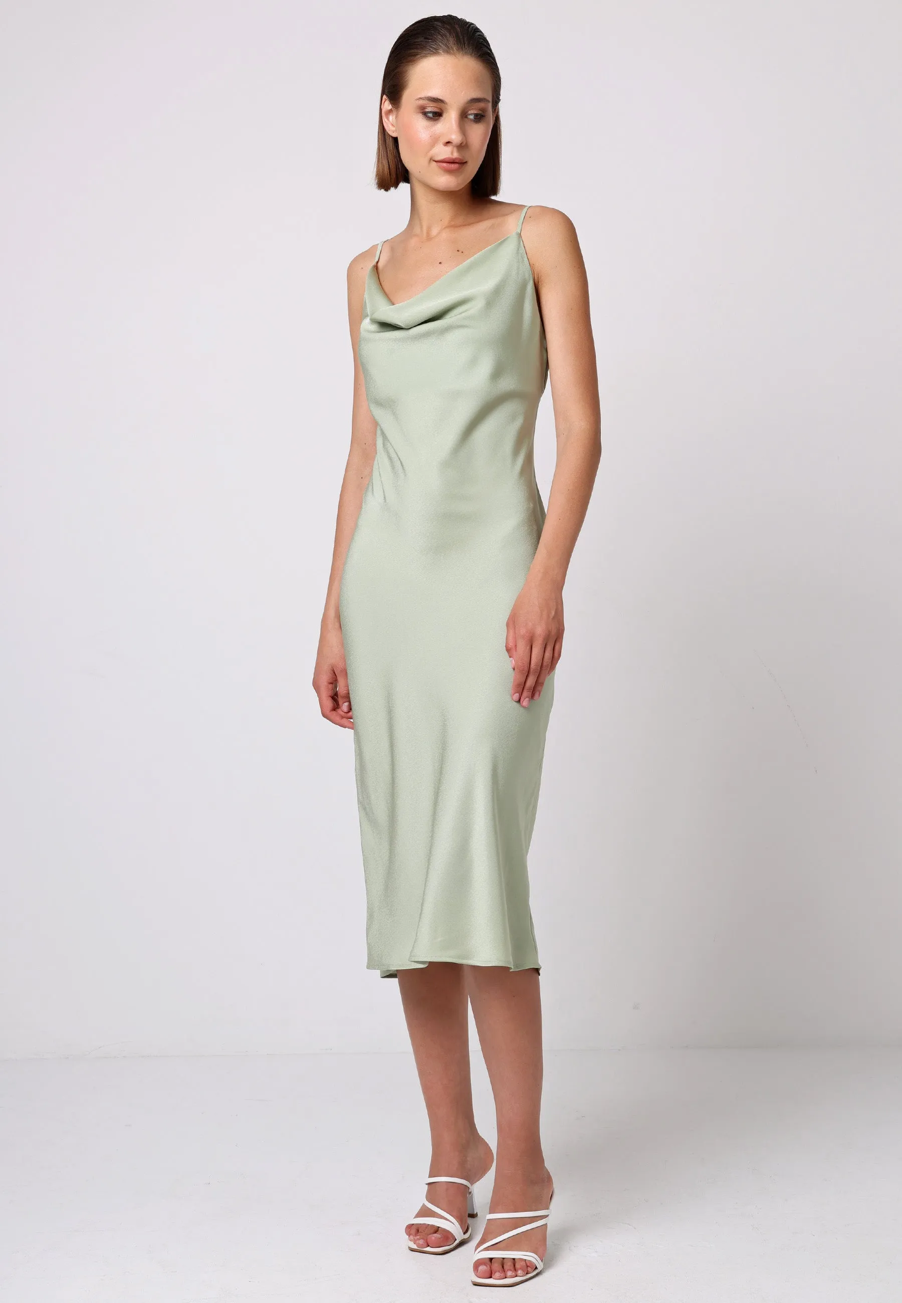 (5P. PACK) Satin Cowl Neck Midi Dress in Sage Green