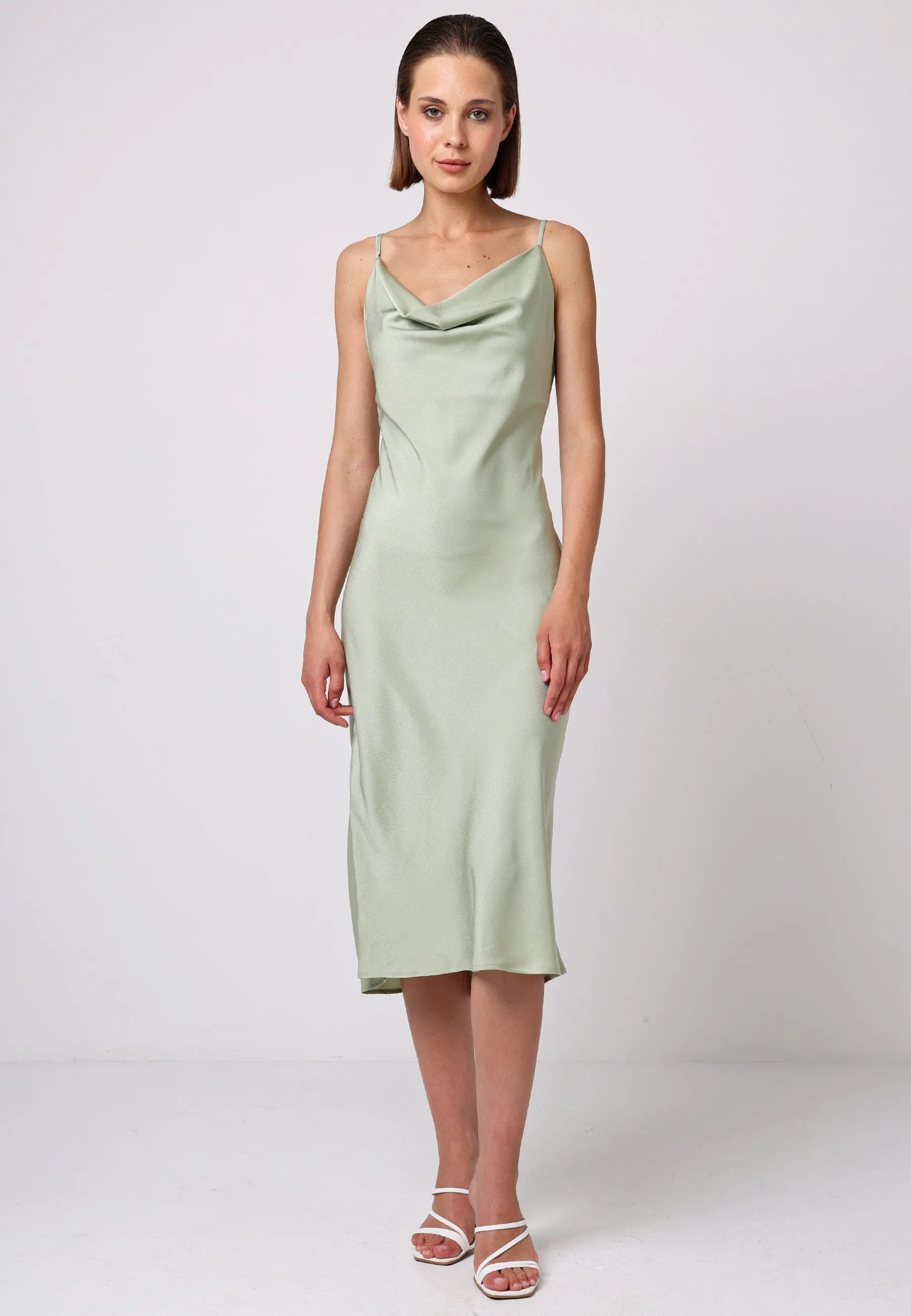 (5P. PACK) Satin Cowl Neck Midi Dress in Sage Green