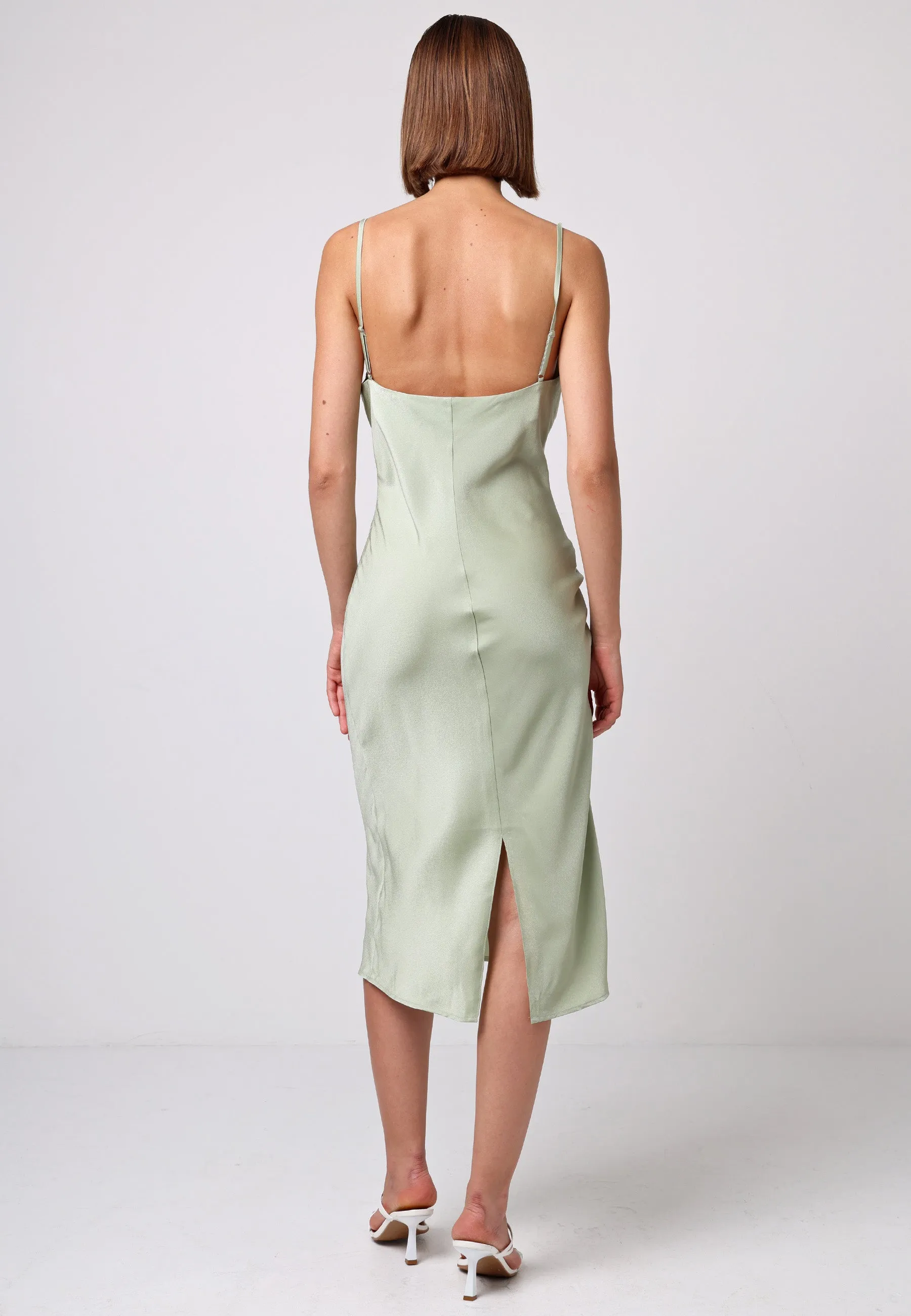 (5P. PACK) Satin Cowl Neck Midi Dress in Sage Green
