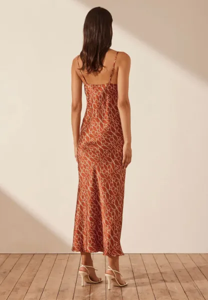 Artisti Silk Plunged Slip Midi Dress - Brick/Cream