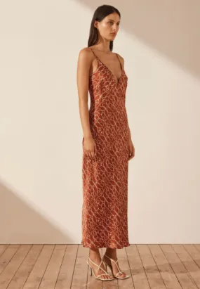 Artisti Silk Plunged Slip Midi Dress - Brick/Cream