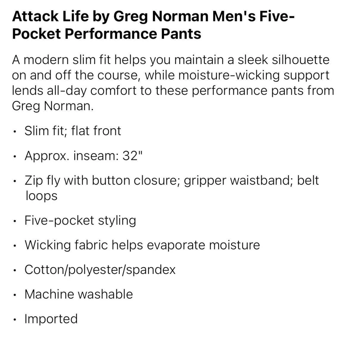 Attack Life by Greg Norman Mens Five-Pocket Performance Pants, Size 36WX34L