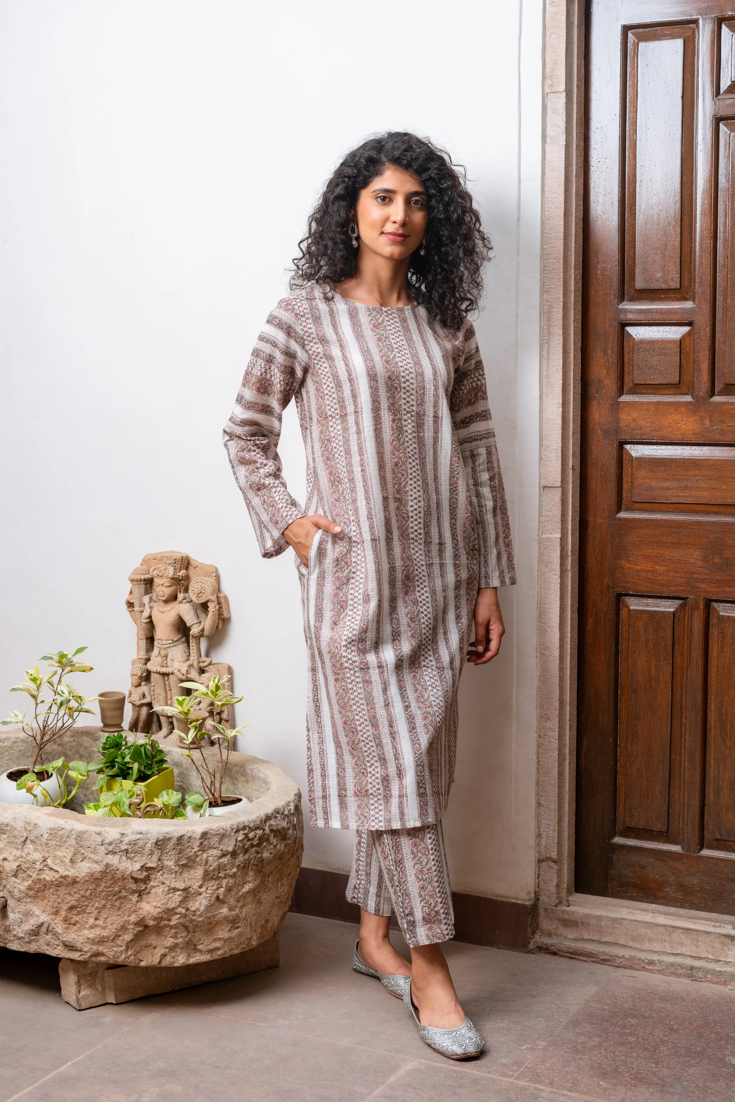 Bahaar Beige Slub Cotton Kurta Set