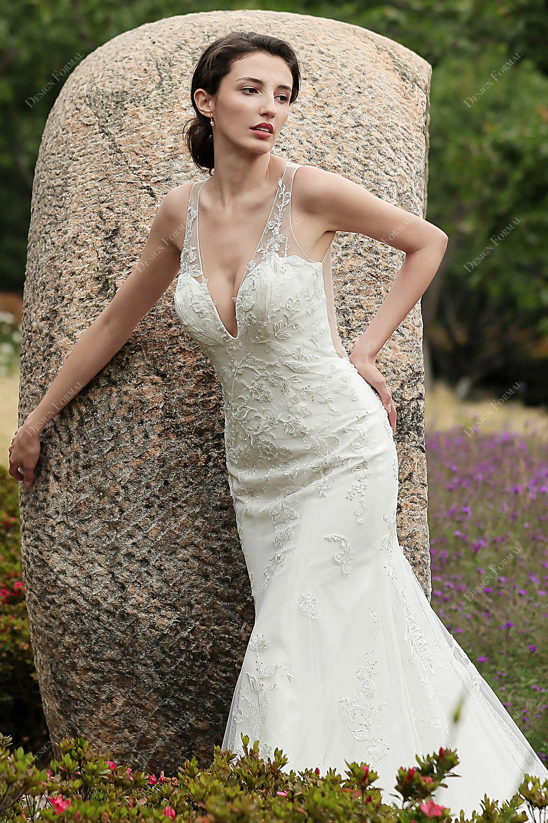 Beaded Floral Lace V-neck Mermaid Bridal Dress