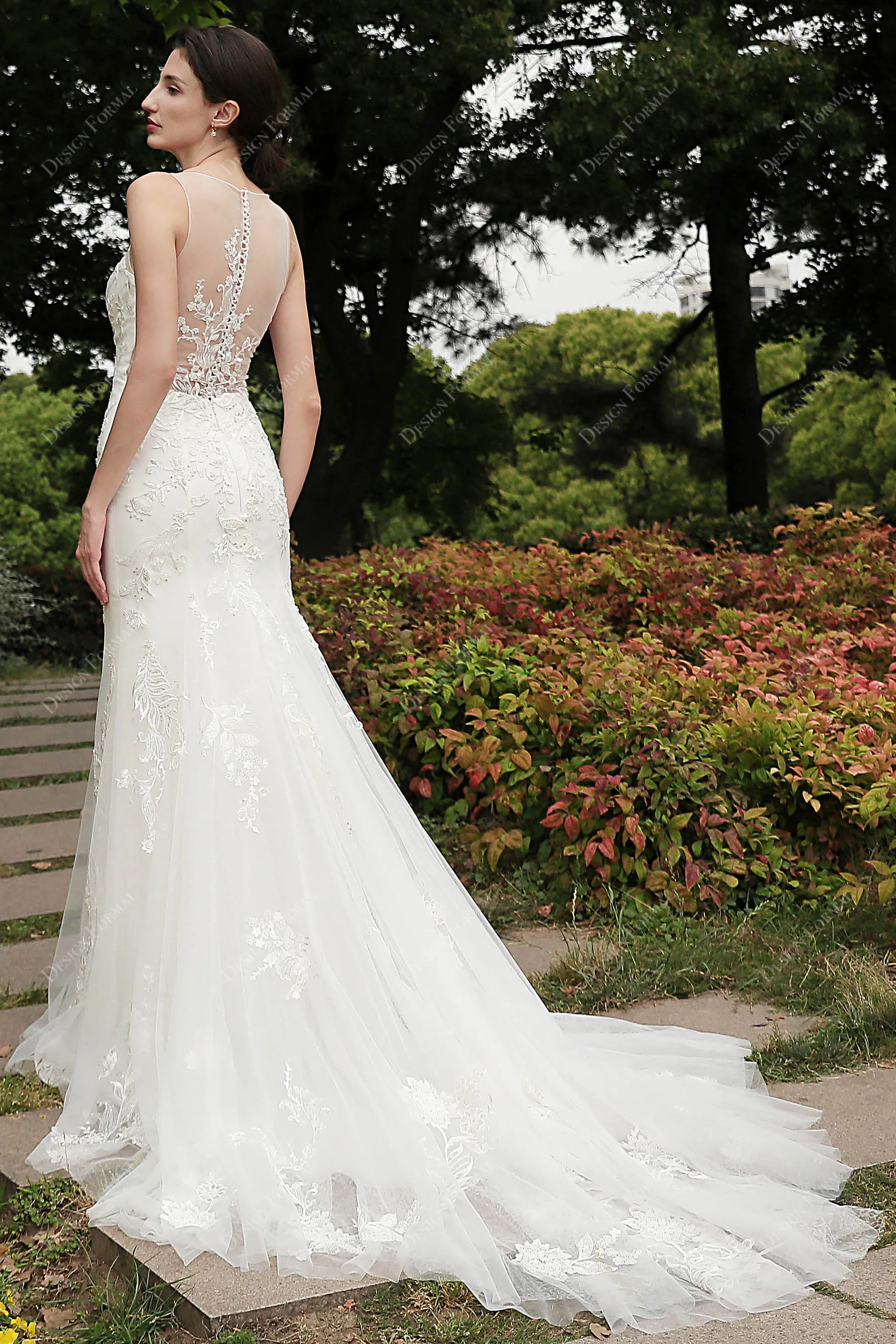 Beaded Floral Lace V-neck Mermaid Bridal Dress