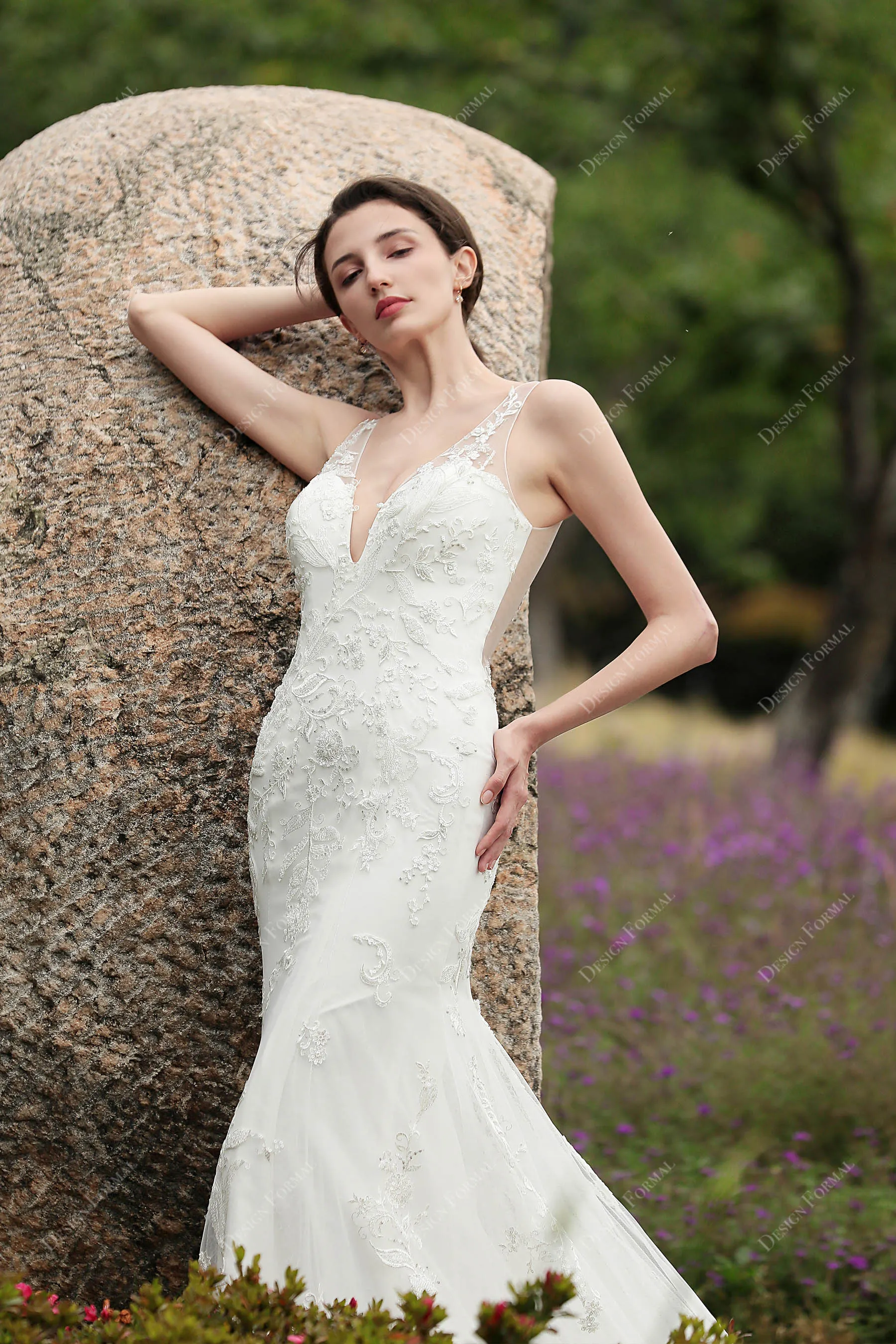 Beaded Floral Lace V-neck Mermaid Bridal Dress