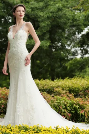 Beaded Floral Lace V-neck Mermaid Bridal Dress