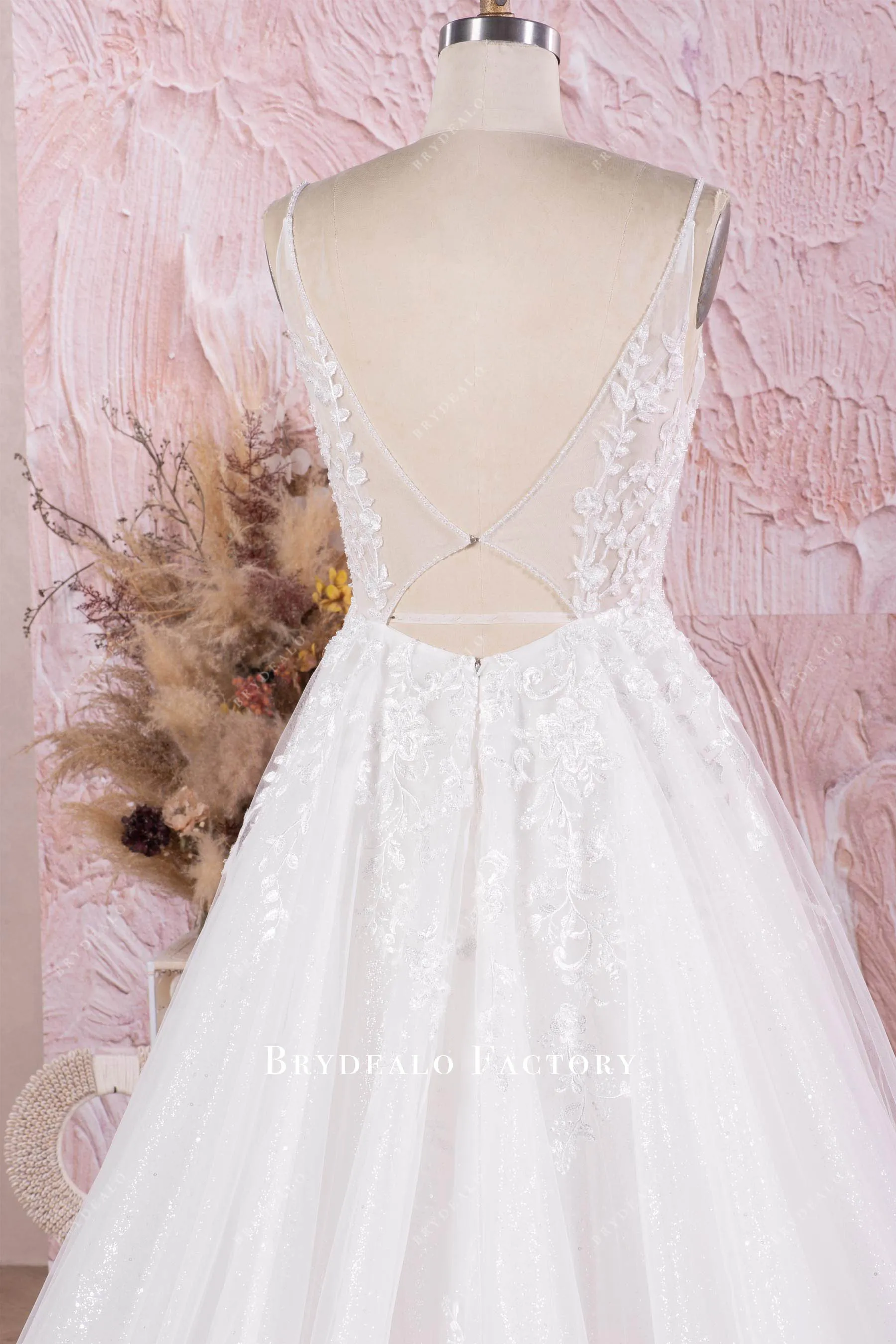 Beautiful Lace Plunging neck Sleeveless Long Wedding Dress