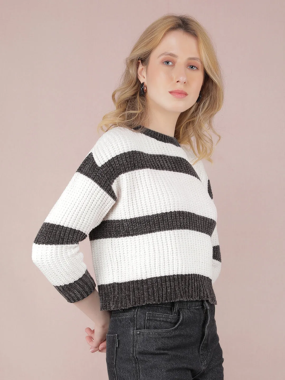 Black Horizontal Striped Crop Sweater