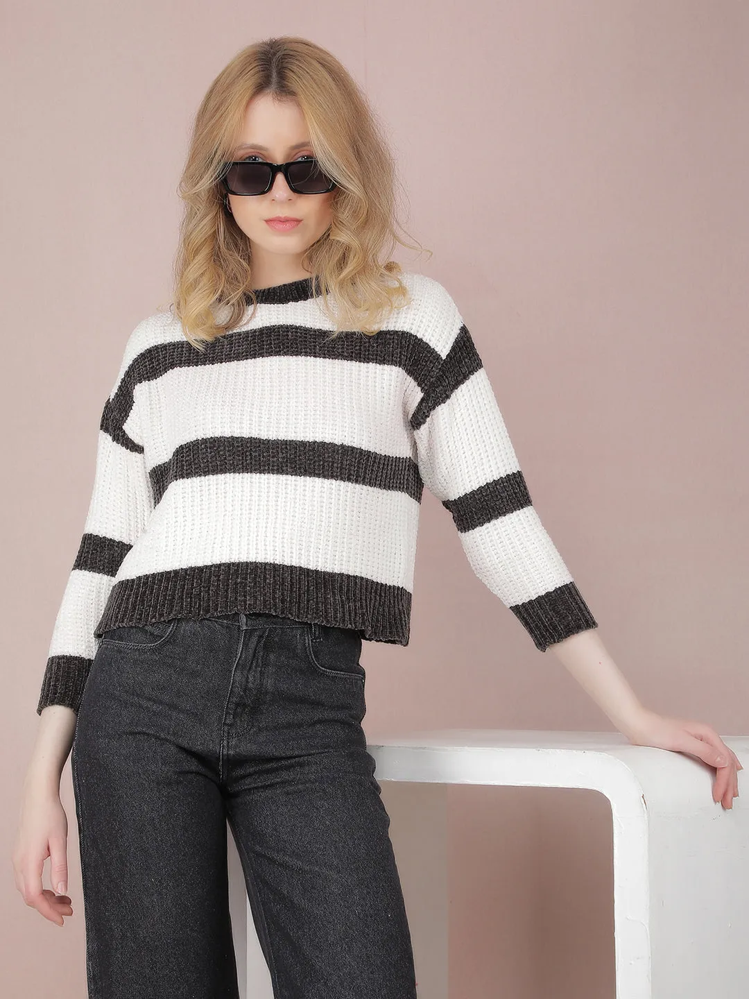 Black Horizontal Striped Crop Sweater