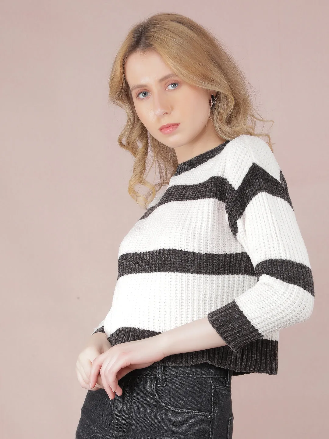 Black Horizontal Striped Crop Sweater