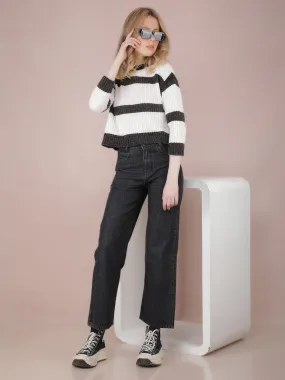 Black Horizontal Striped Crop Sweater
