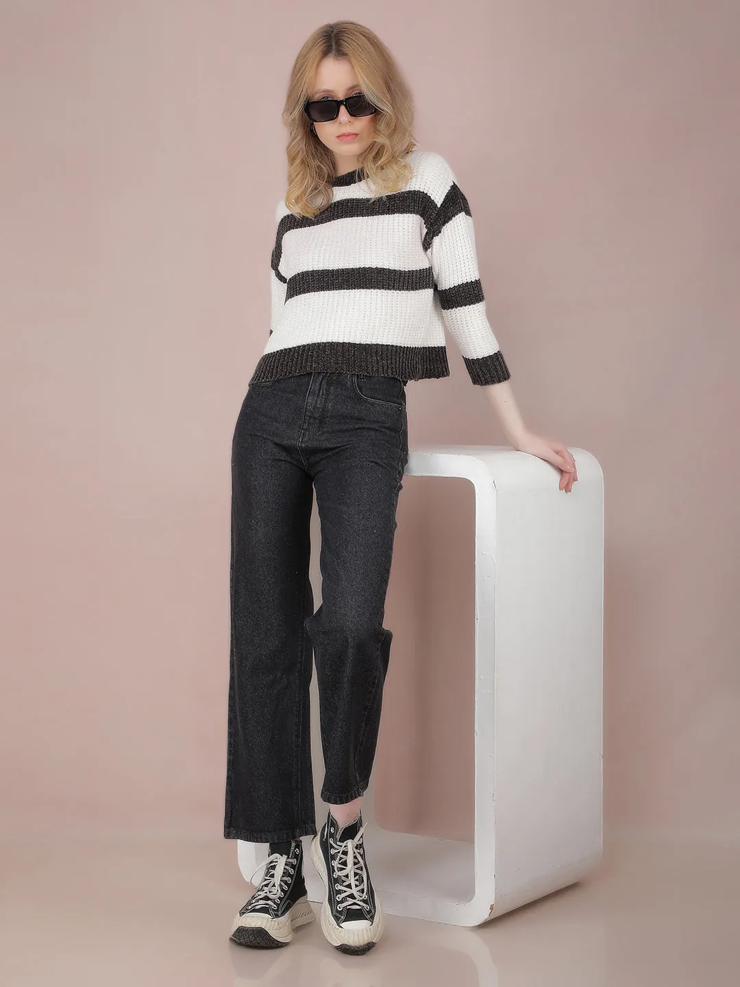 Black Horizontal Striped Crop Sweater