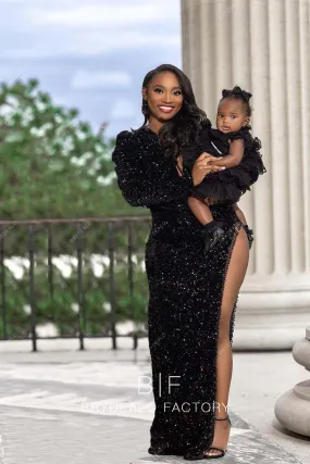 Black Sequin One Sleeve Tassels Slit Sheath Floor Length Formal Dress