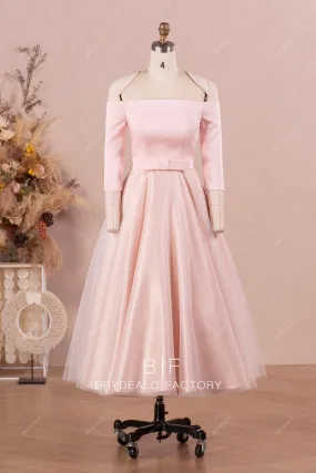 Blush Tea Length Classic A-line 3/4 Sleeves Wedding Dress