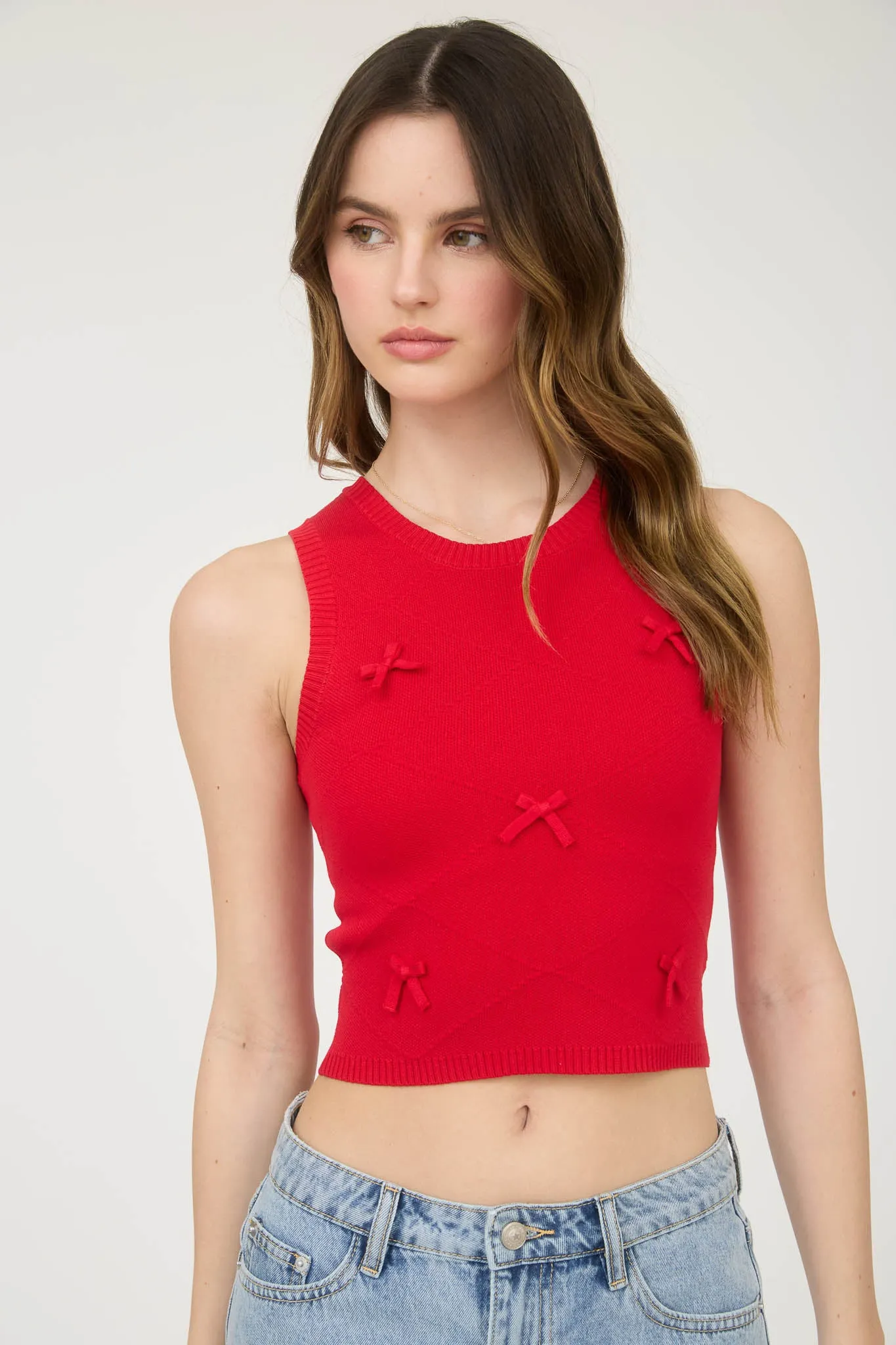 BOW DETAIL CREW NECK SLEEVELESS SWEATER CROP TOP