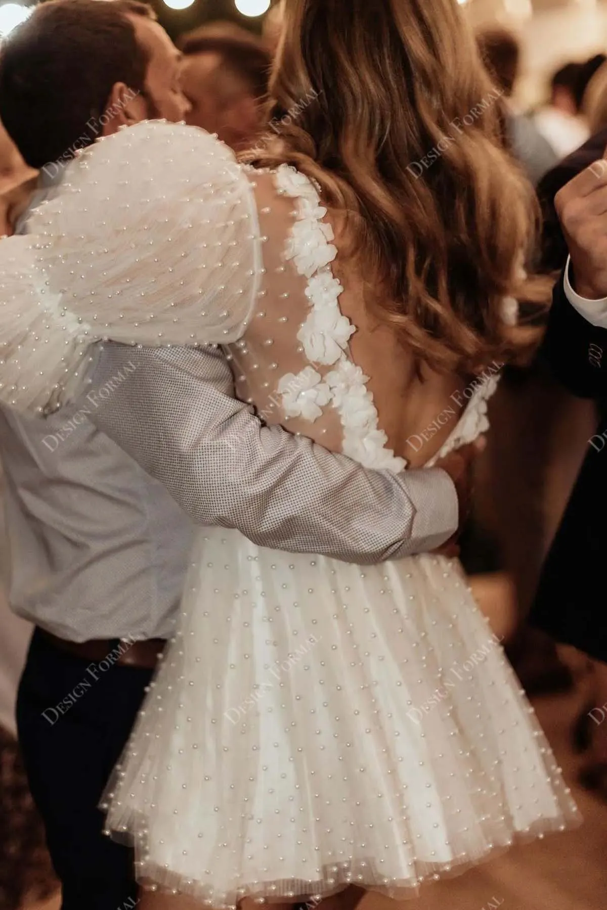 Bubble Sleeve Plunging Neck Pearls Short Tailor-Made Wedding Dress