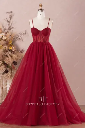 Burgundy Tulle Sweetheart Neck Sleeveless Modern Corset Prom Dress