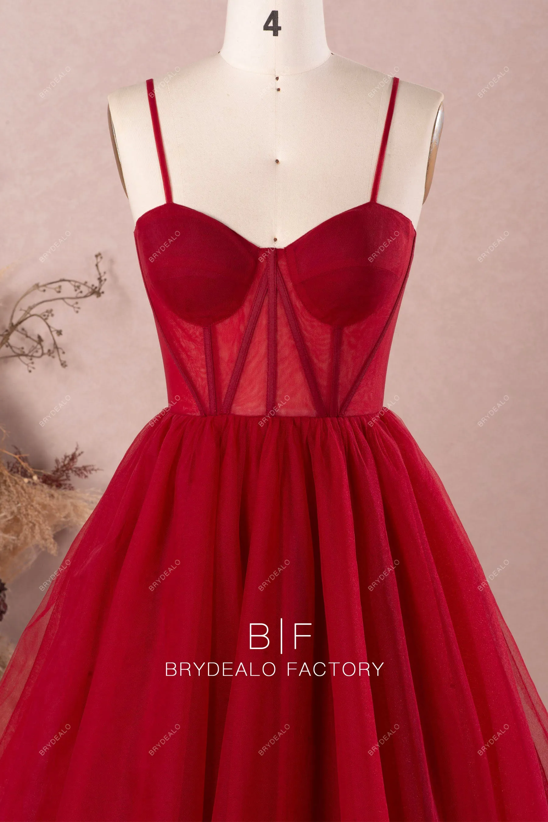 Burgundy Tulle Sweetheart Neck Sleeveless Modern Corset Prom Dress