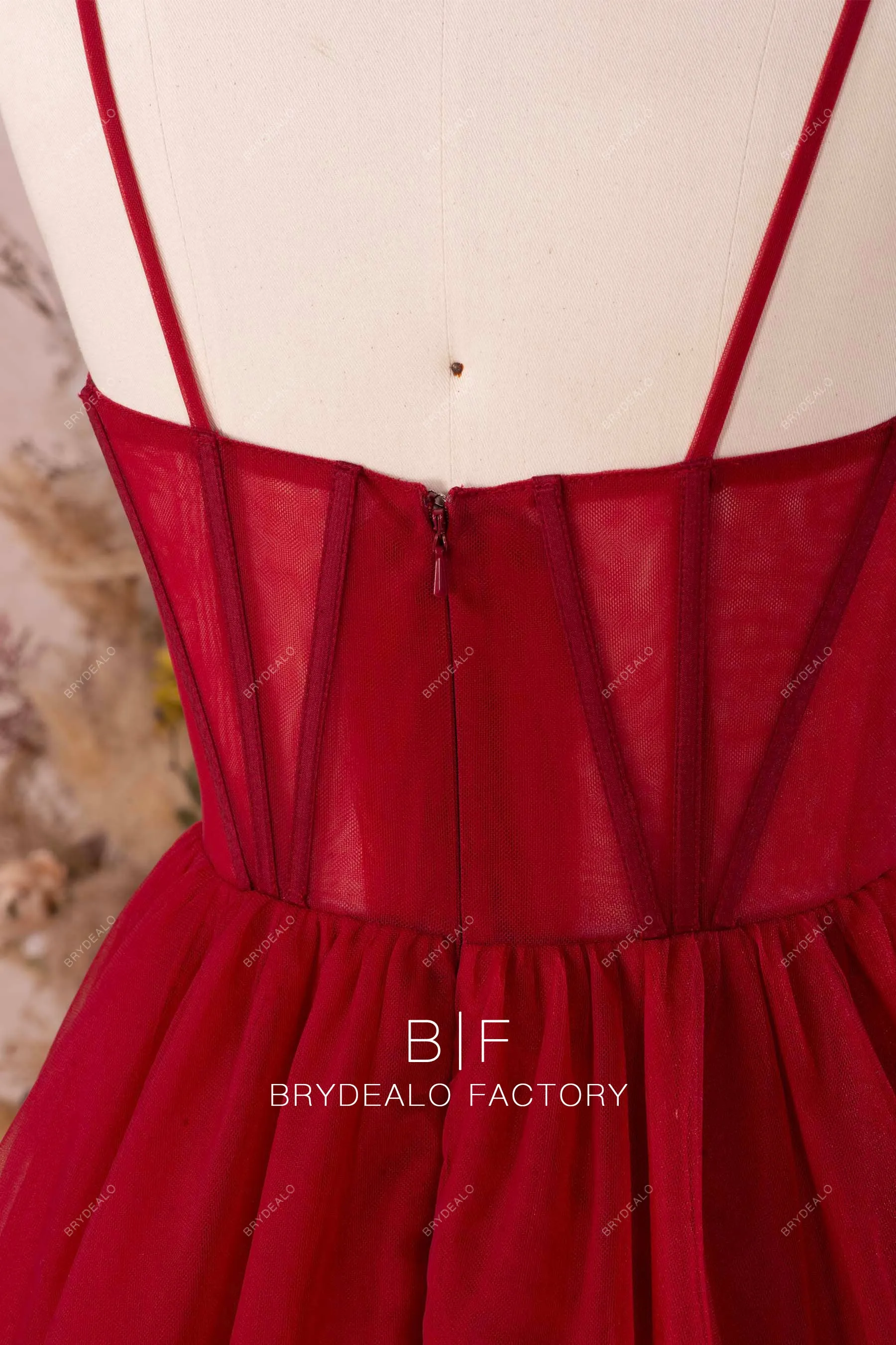 Burgundy Tulle Sweetheart Neck Sleeveless Modern Corset Prom Dress
