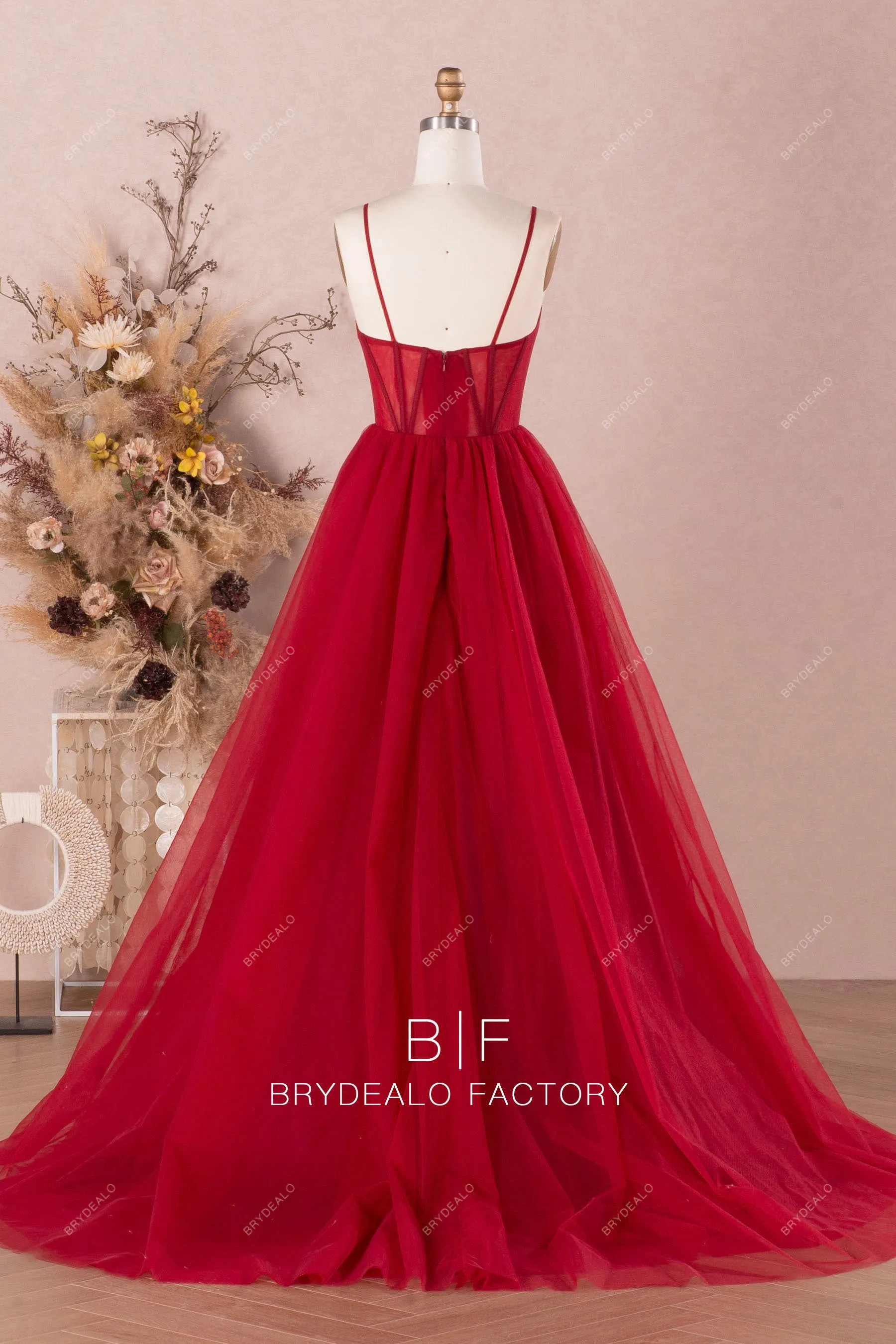 Burgundy Tulle Sweetheart Neck Sleeveless Modern Corset Prom Dress