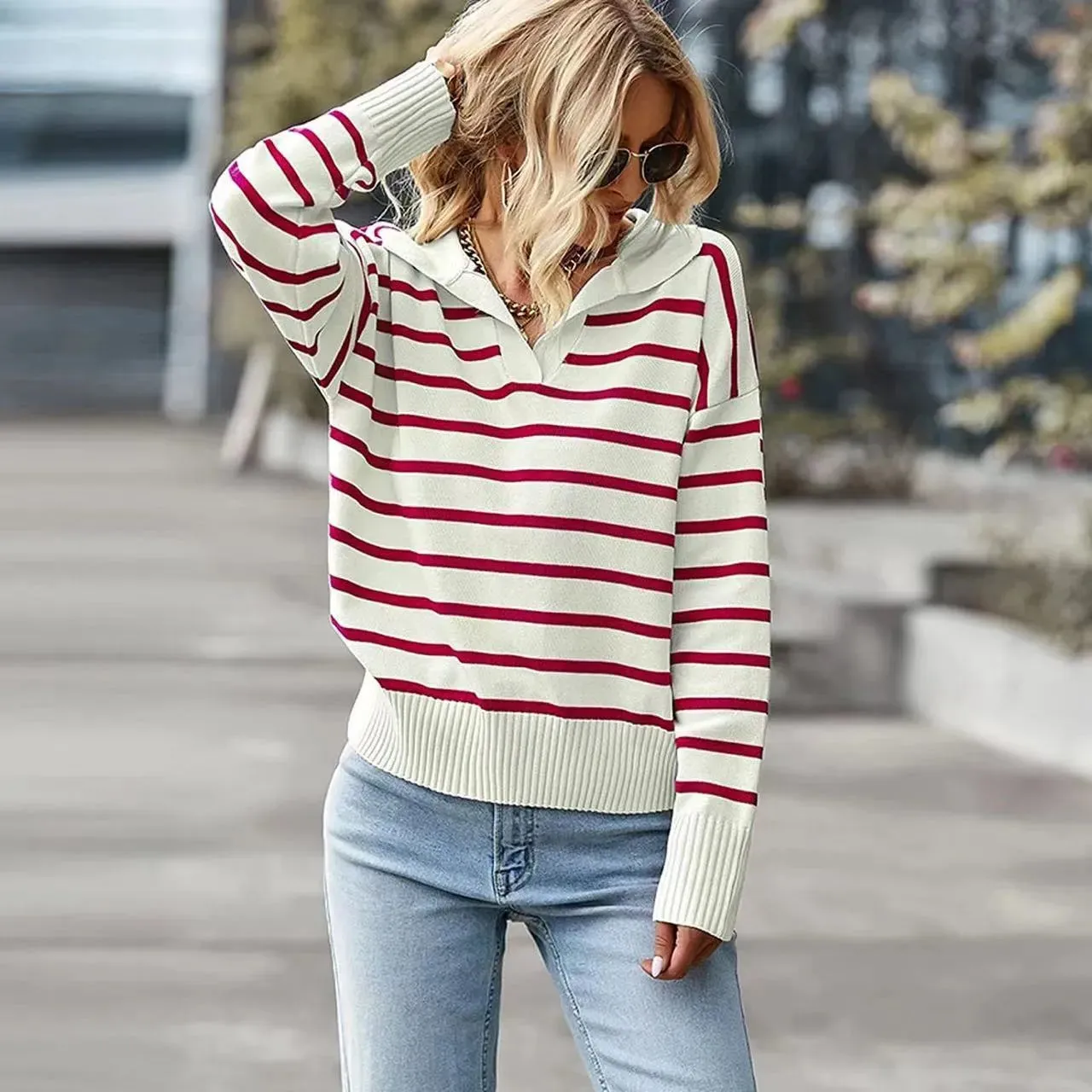 Casual V-neck  Sweater Fashion Long Sleeve Tops