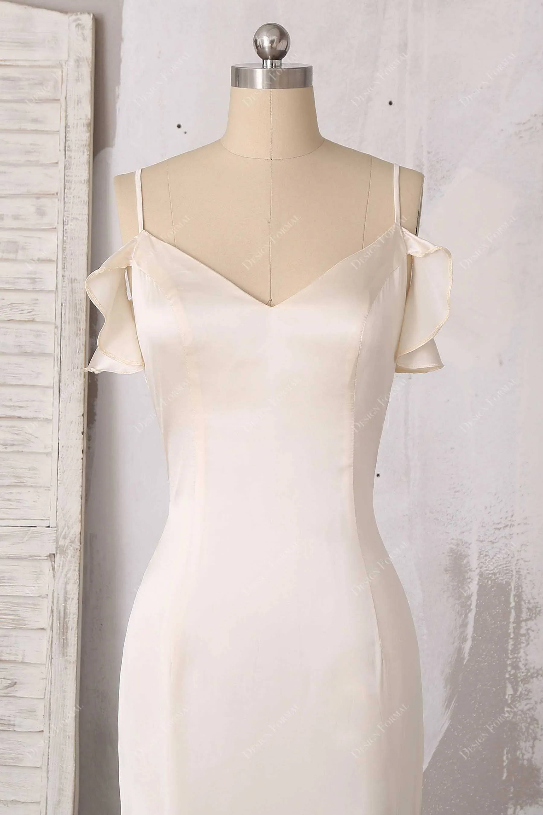 Champagne Silk Cold Shoulder Slit Bridal Evening Dress