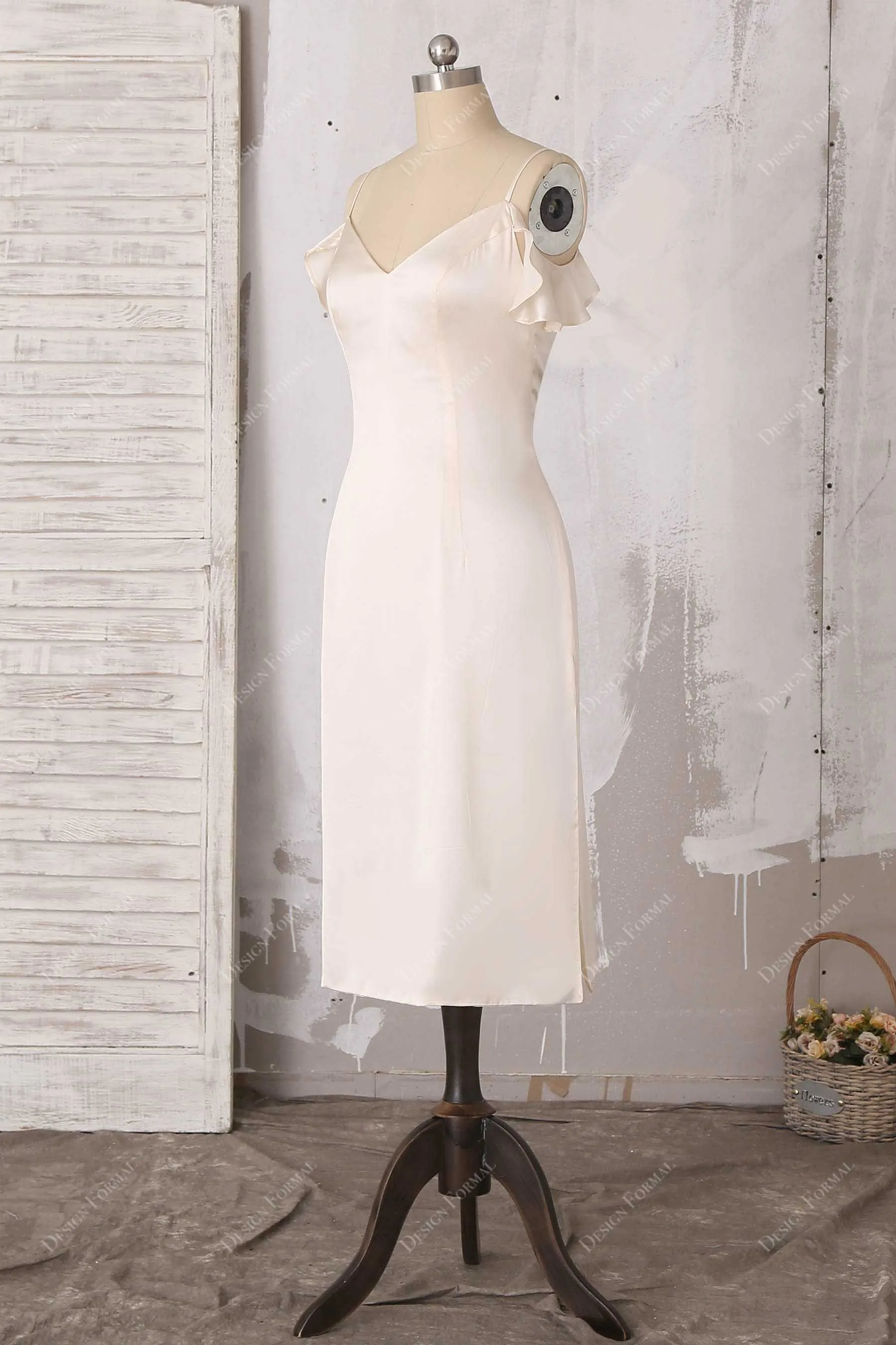 Champagne Silk Cold Shoulder Slit Bridal Evening Dress