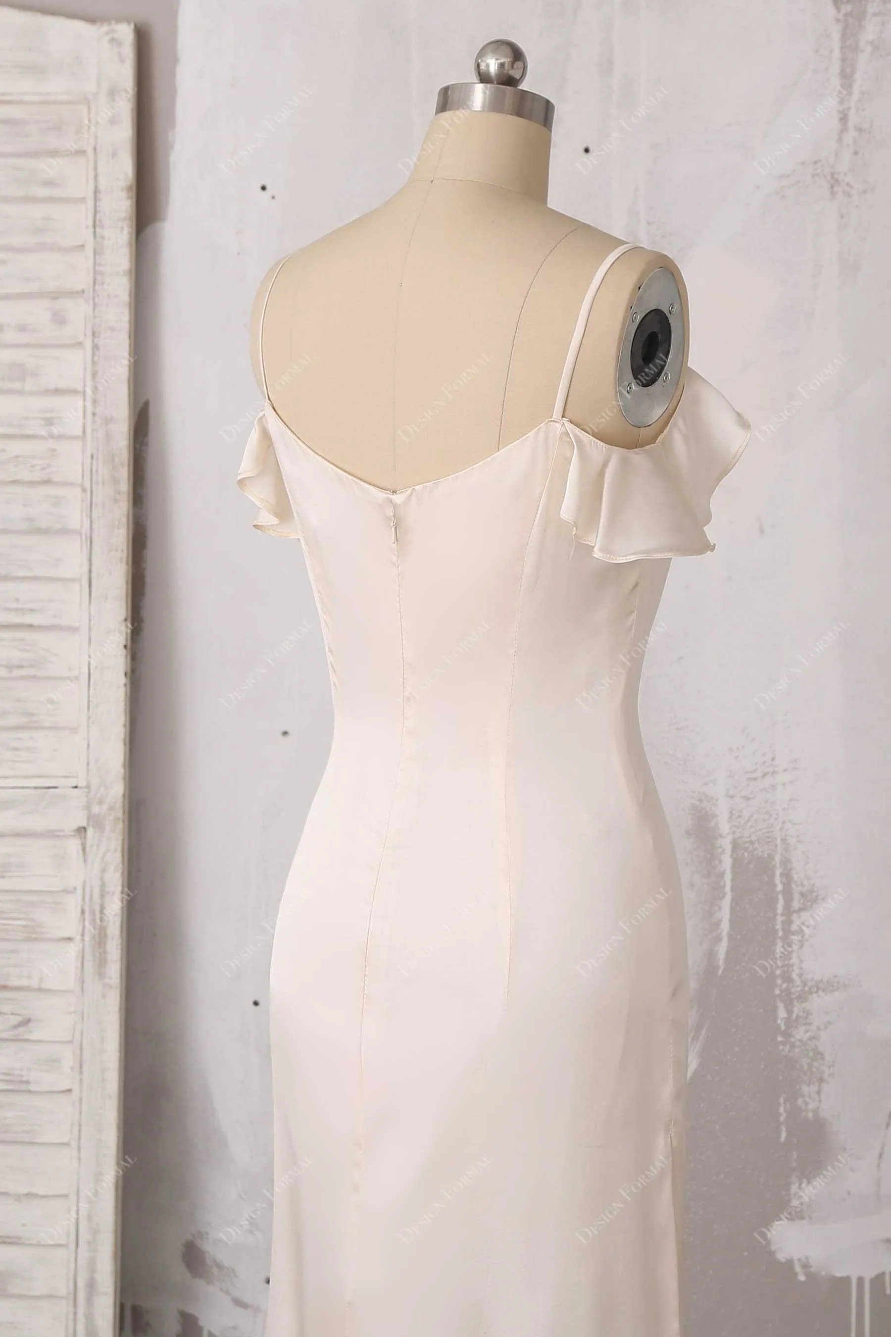 Champagne Silk Cold Shoulder Slit Bridal Evening Dress