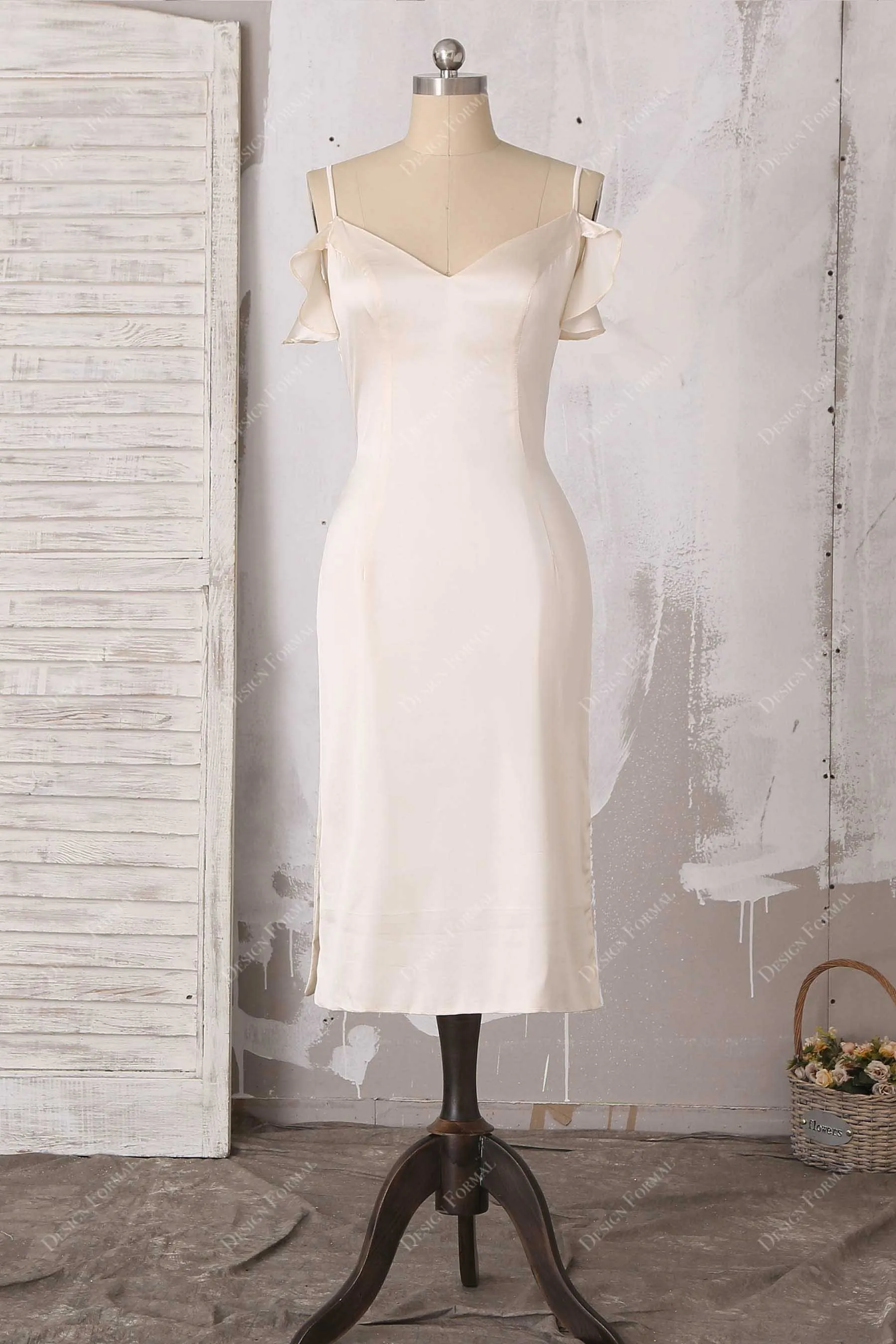 Champagne Silk Cold Shoulder Slit Bridal Evening Dress
