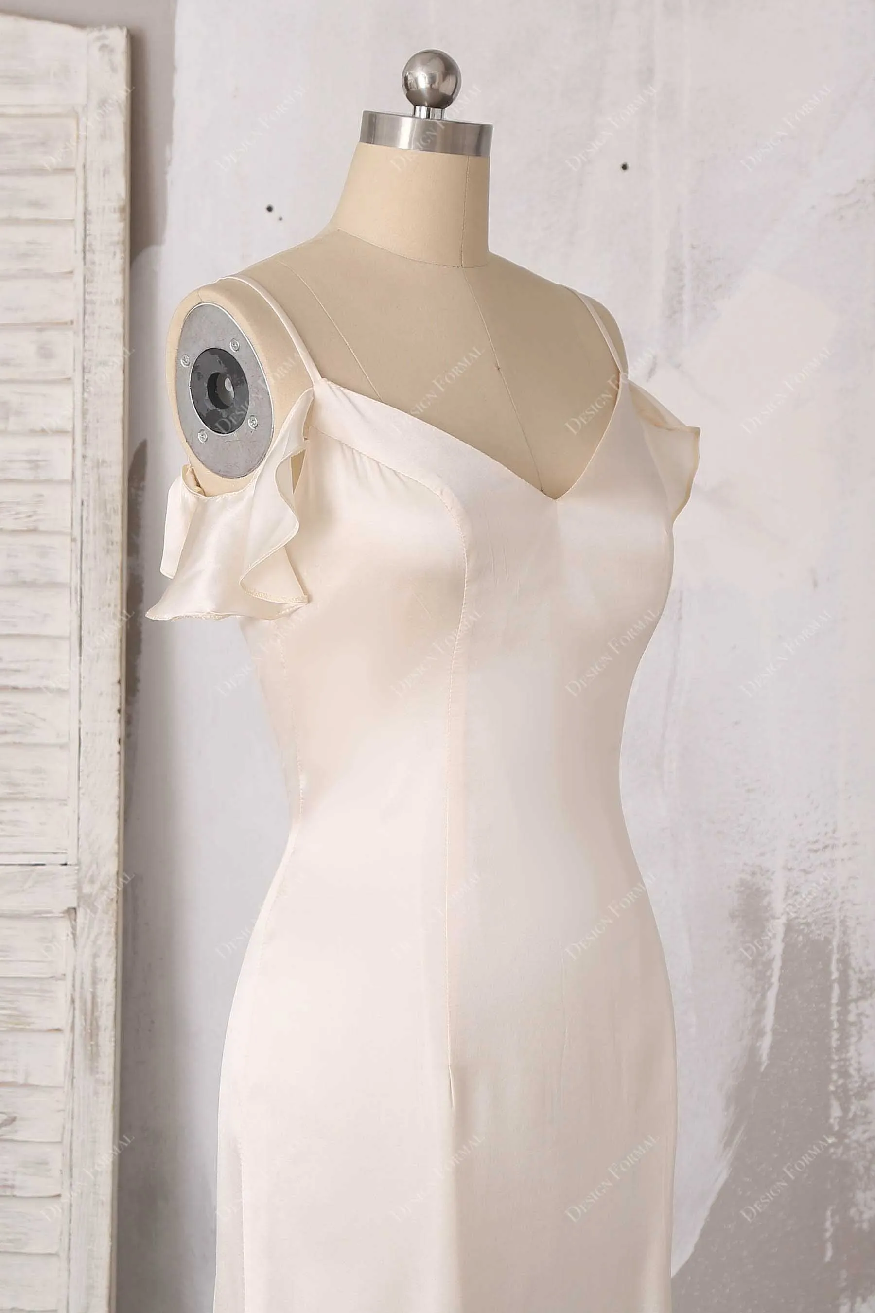 Champagne Silk Cold Shoulder Slit Bridal Evening Dress