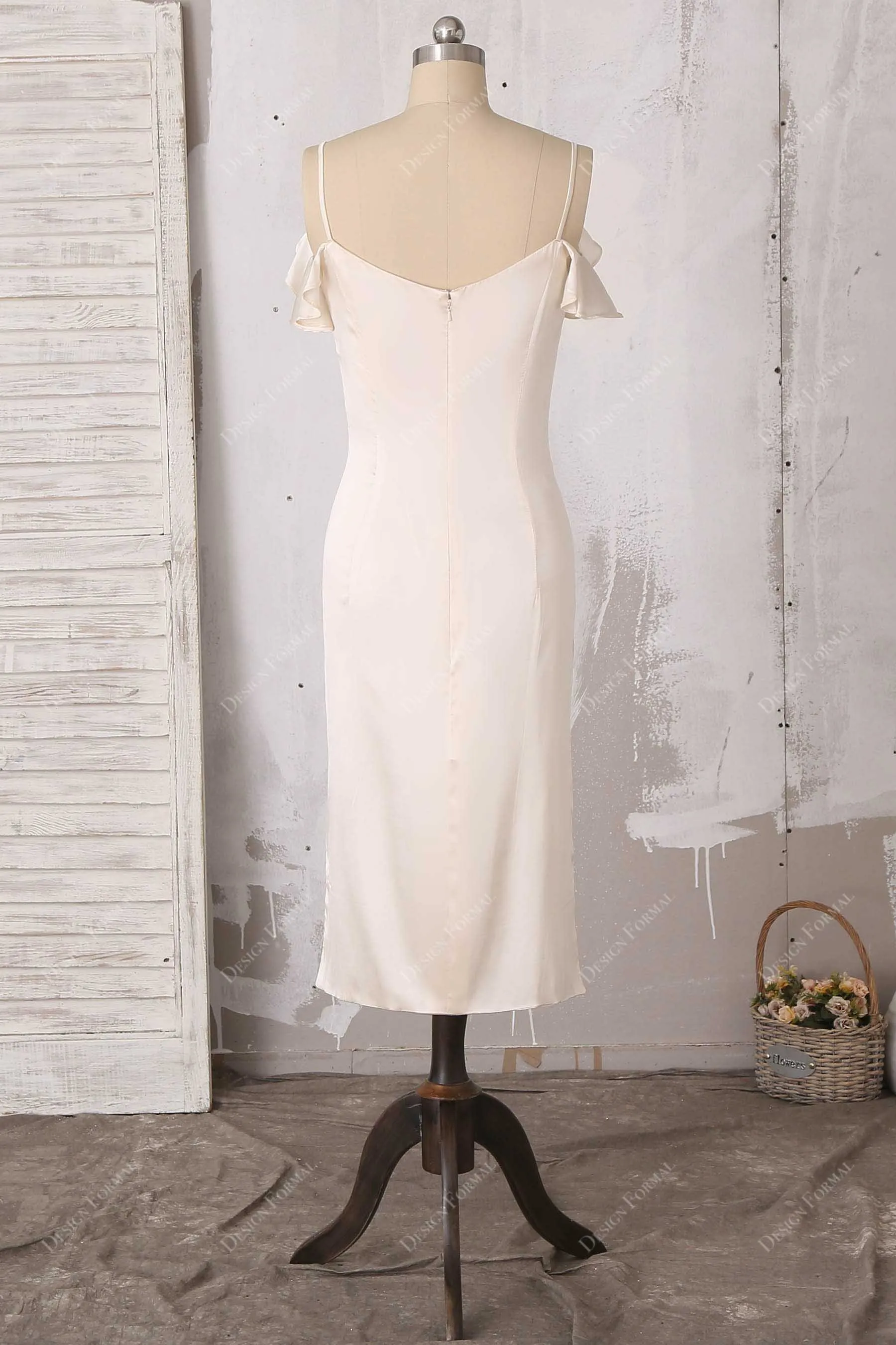 Champagne Silk Cold Shoulder Slit Bridal Evening Dress