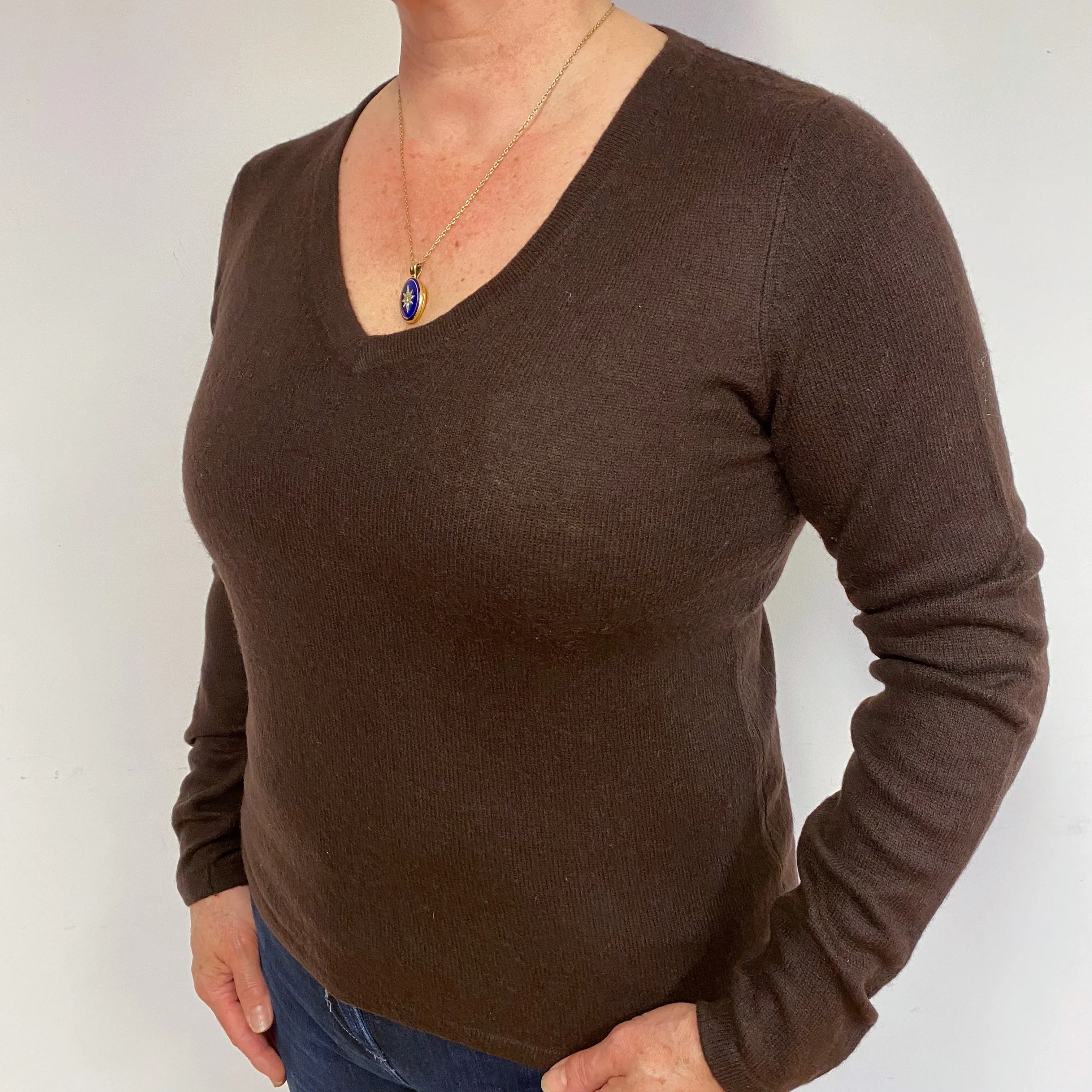 Chocolate Brown Cashmere V-Neck Jumper Large