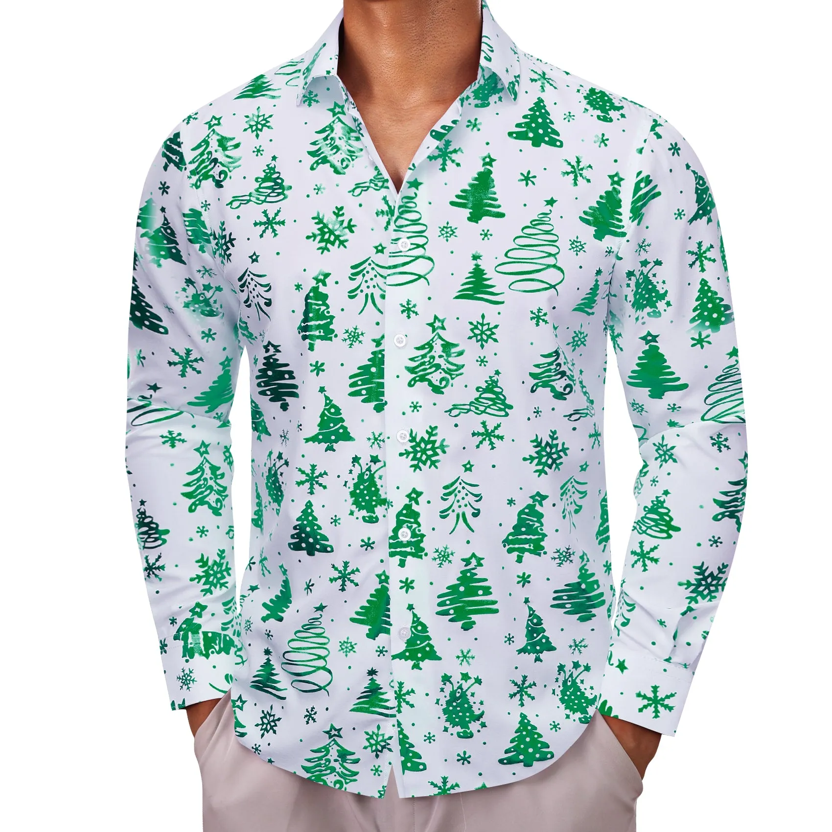 Christmas White Green Xmas Pattern Floral Silk Men's Shirt