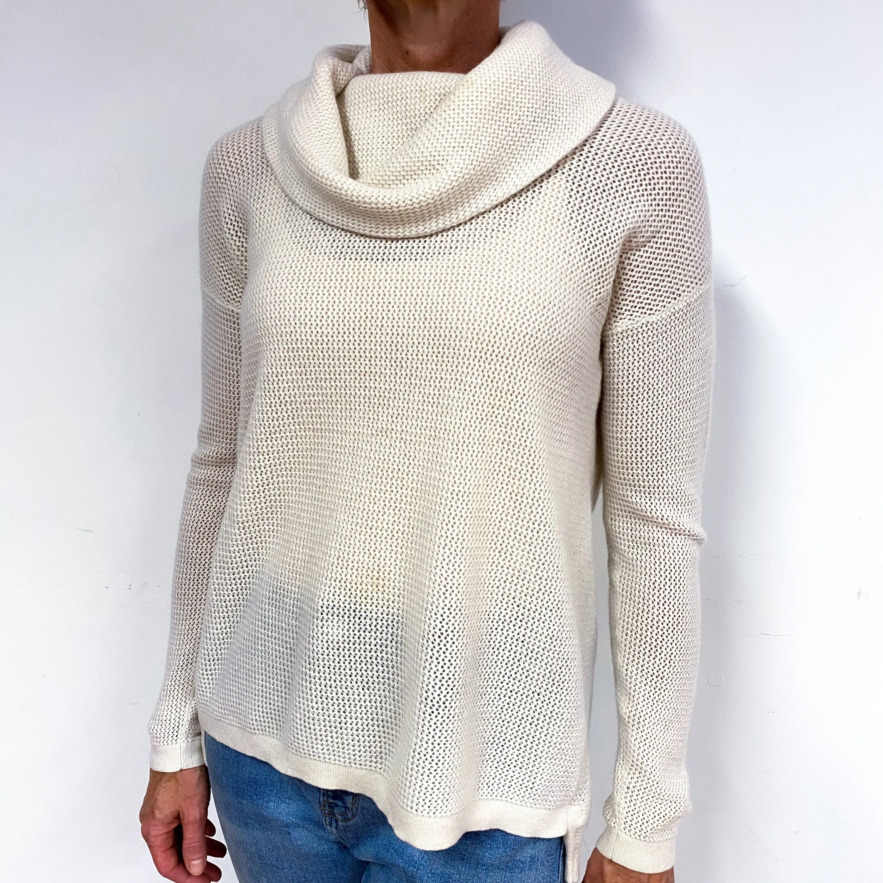 Cream Waffle Knit Cashmere Polo Neck Jumper Medium